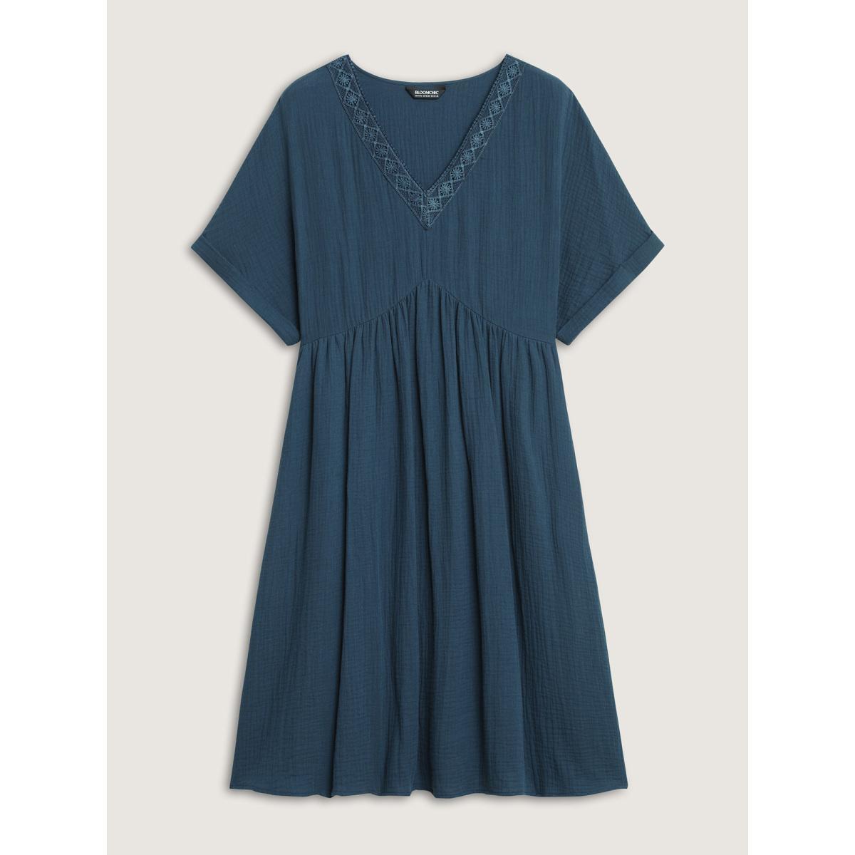 Plus Size Pure Cotton Lace V-Neck Solid Midi Dress Aegean Women Woven ribbon&lace trim V-neck Short sleeve Curvy BloomChic 22-24/3X Product Image