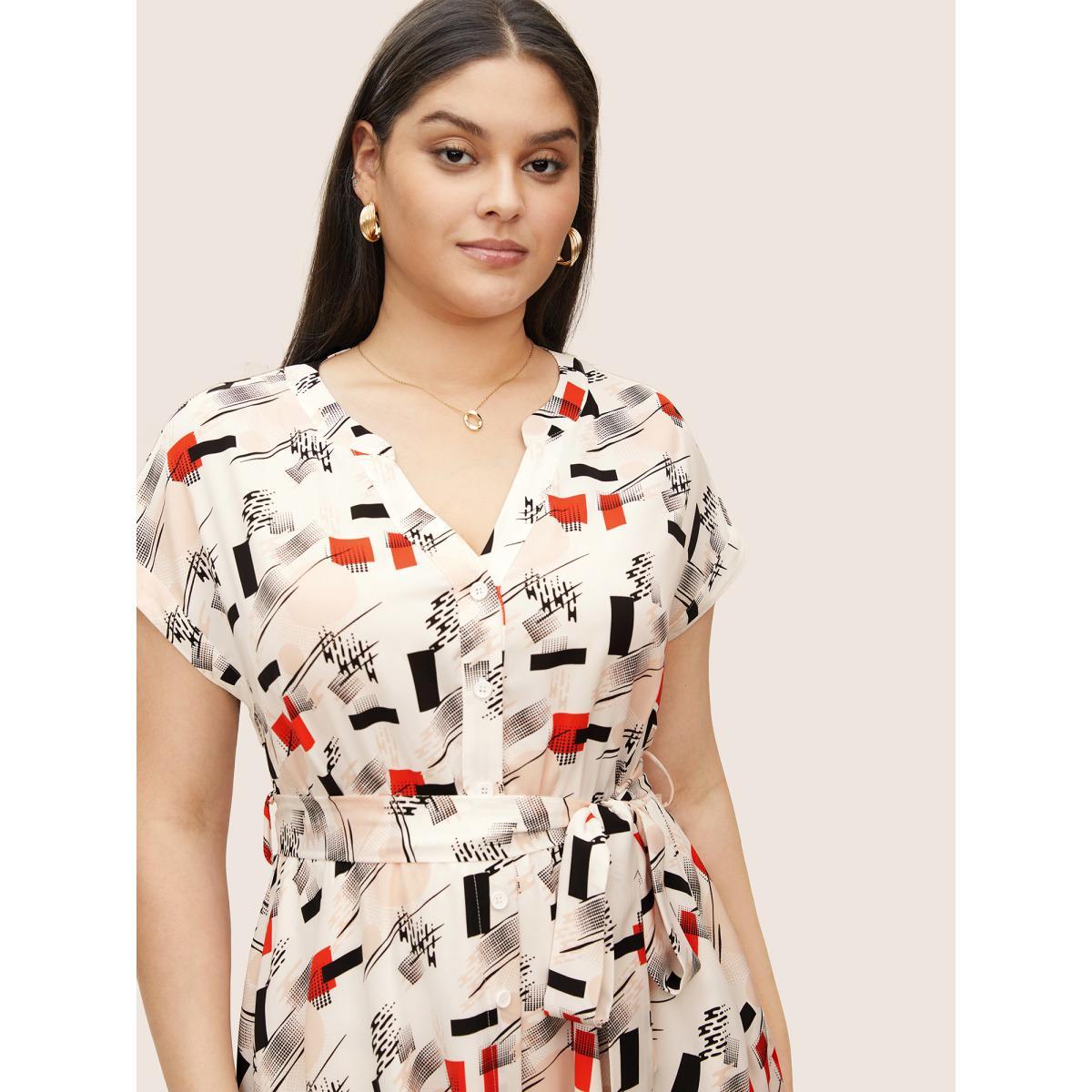 Plus Size Geometric Flat Collar With V Notch Batwing Sleeve Dress Multicolor Women At the Office Belted Flat collar with V-notch Short sleeve Curvy Midi Dress BloomChic 14-16/1X Product Image