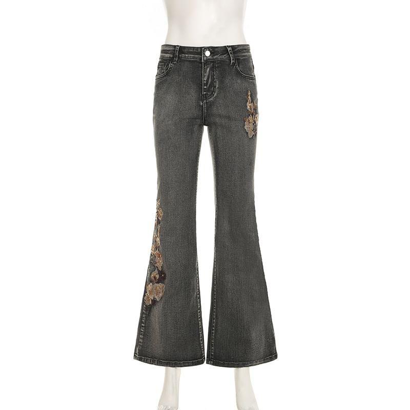 Mid Waist Floral Embroidered Flared Jeans Product Image