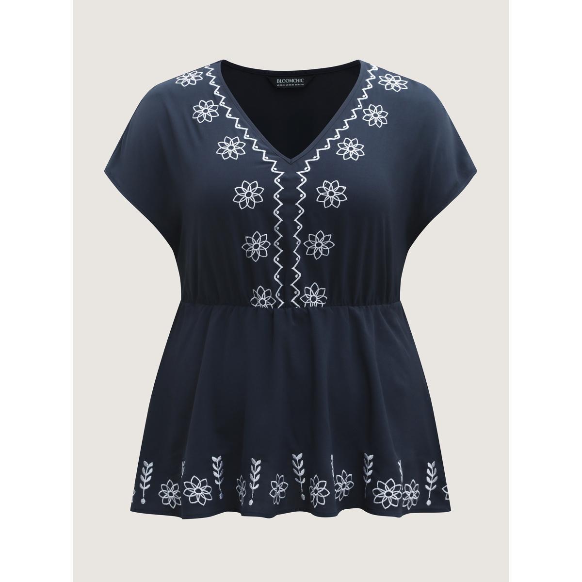 Plus Size Indigo Boho Embroidery Babydoll Top Women Short sleeve V-neck Vacation Blouses BloomChic 14-16/1X Product Image