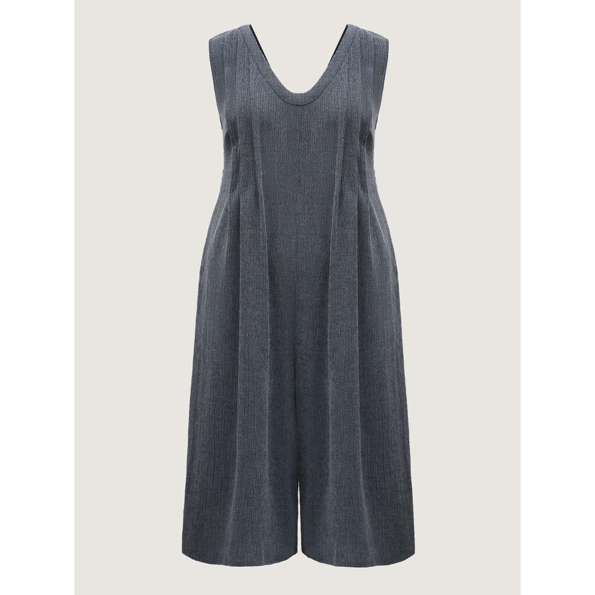 Plus Size Stone Stretchy Textured Pleated Wide-Leg Jumpsuit Women Sleeveless V-neck Everyday-Casual Loose Jumpsuits BloomChic 30/6X Product Image