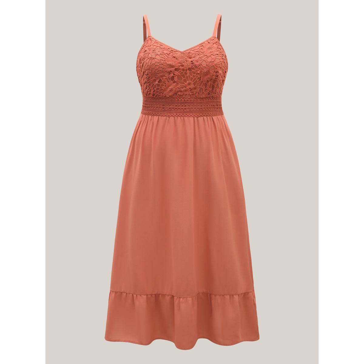 Plus Size Lace Patchwork Stretchy Waist Midi Dress Coral Women V-neck Sleeveless Curvy BloomChic 22-24/3X Product Image