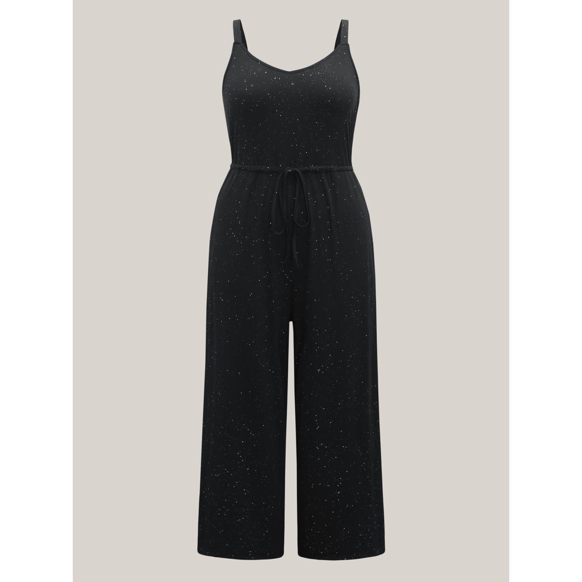 Plus Size Black Sequins Waist-Tie Wide-Leg Jumpsuit Women Sleeveless V-neck Everyday-Casual Loose Jumpsuits BloomChic 12/L Product Image
