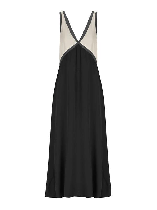 Loose Sleeveless Contrast Color Split-Joint Deep V-Neck Maxi Dresses Product Image
