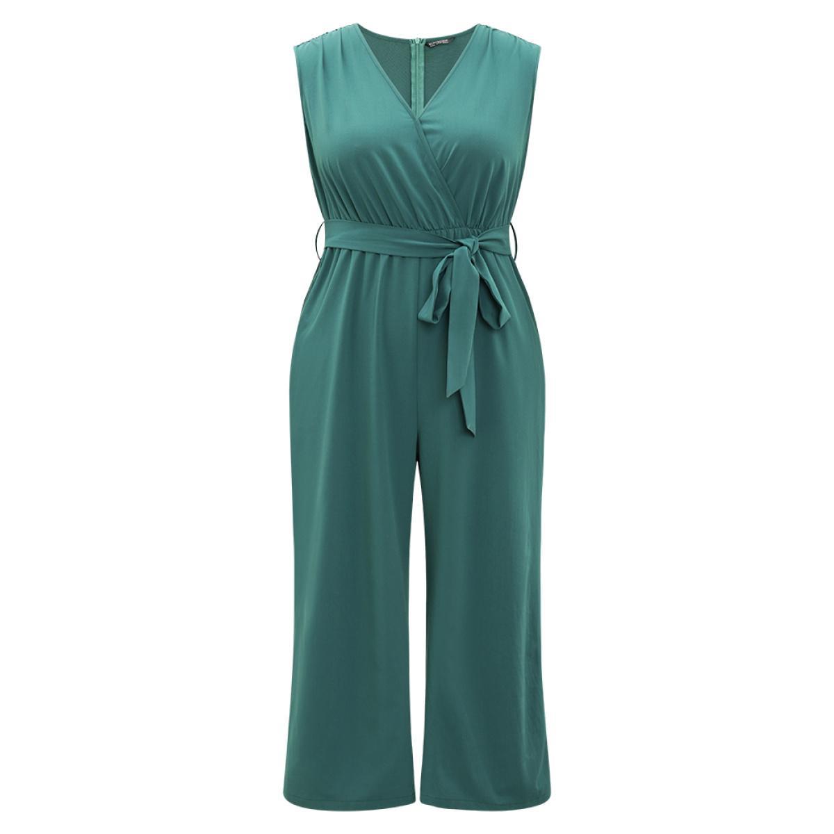 Plus Size Green Supersoft Essentials Plain Surplice Neck Belted Jumpsuit Women Elegant Sleeveless V-neck Dailywear Loose Jumpsuits BloomChic 18-20/2X Product Image