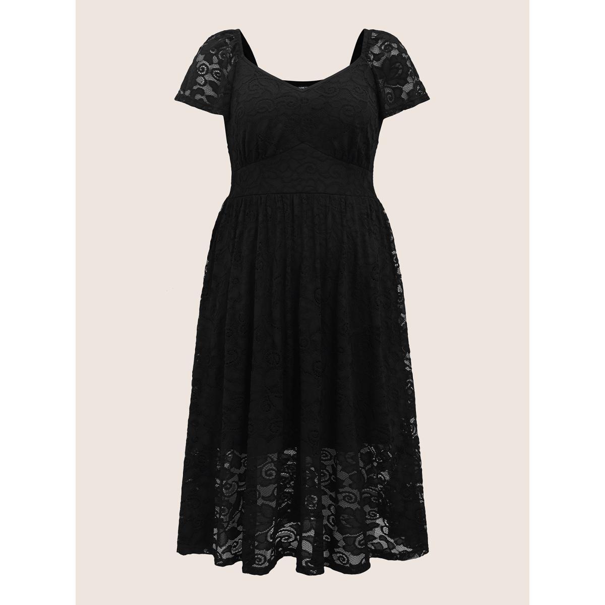 Plus Size Heart Neckline Crochet Lace Mesh Flutter Sleeve Dress Black Women Elegant Woven ribbon&lace trim Heart neckline Cap Sleeve Curvy BloomChic 14-16/1X Product Image