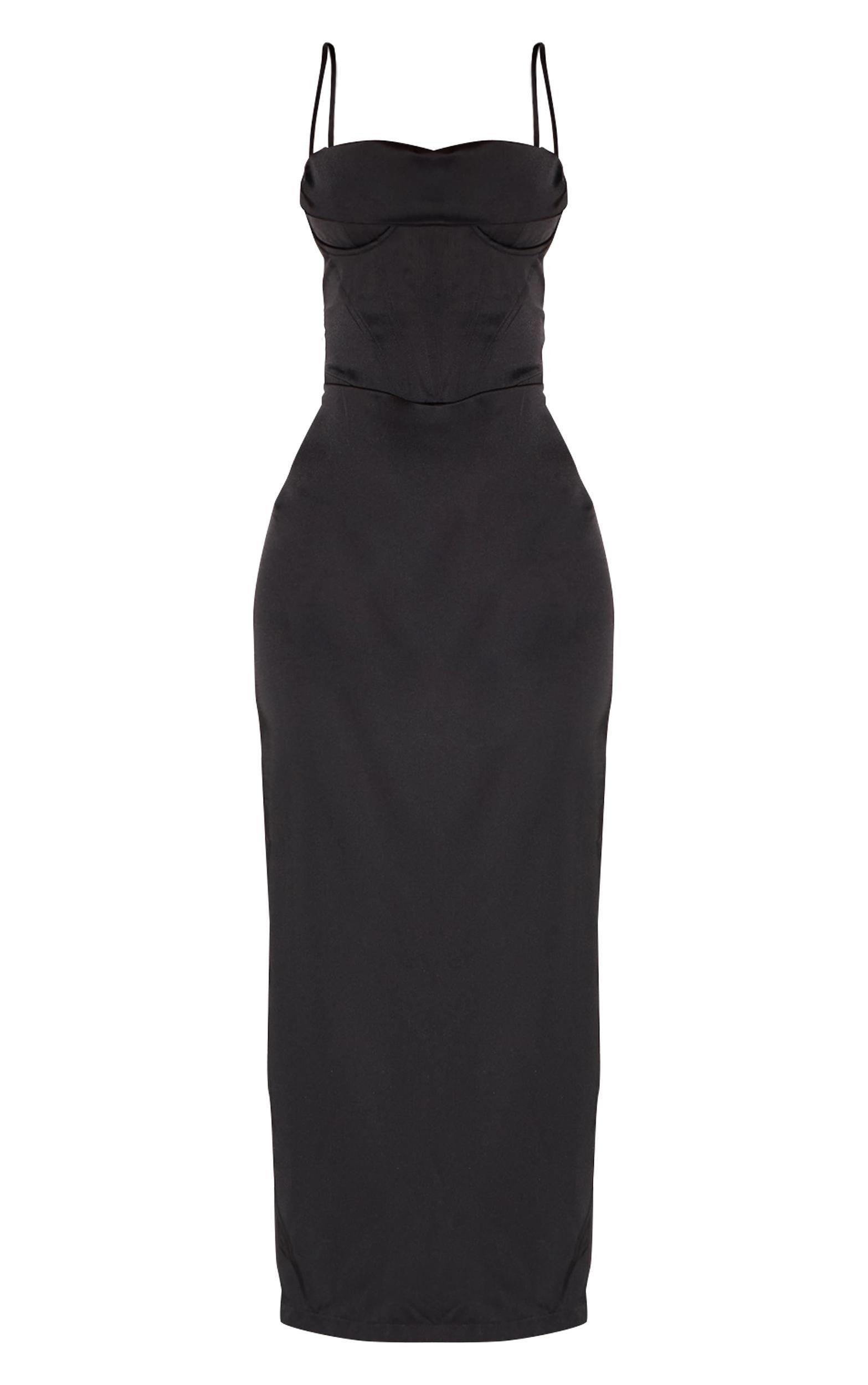 Black Strappy Satin Corset Drape Detail Midaxi Dress Product Image