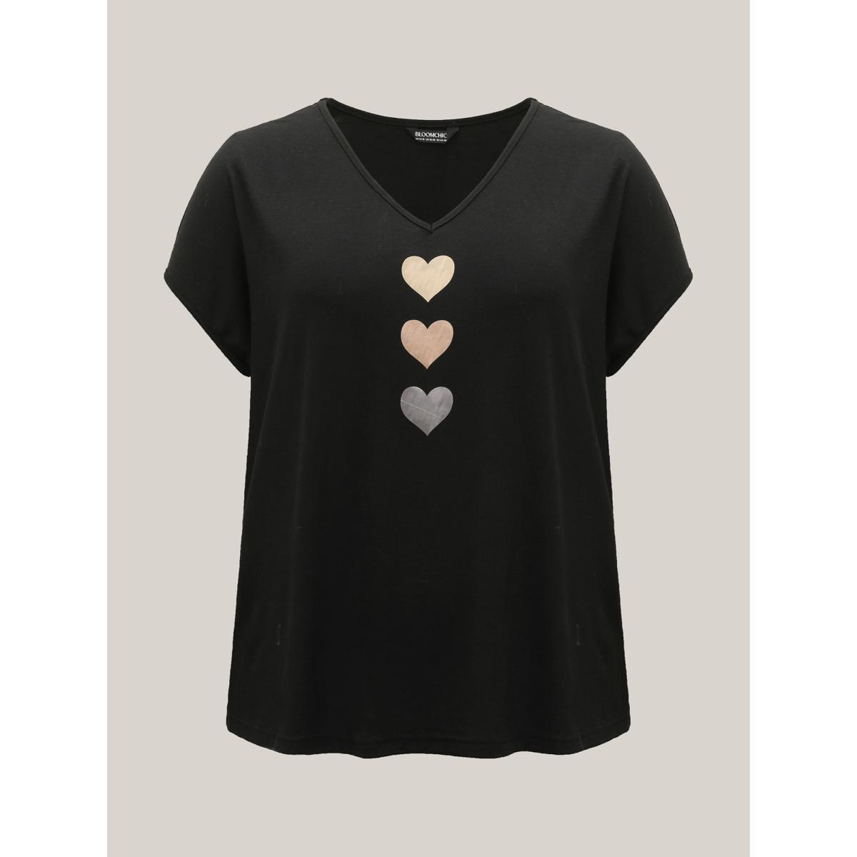 Plus Size Heart Print Stretchy Dolman Sleeve T-Shirt Black Women Casual Non V-neck Everyday T-shirts BloomChic 10/M Product Image