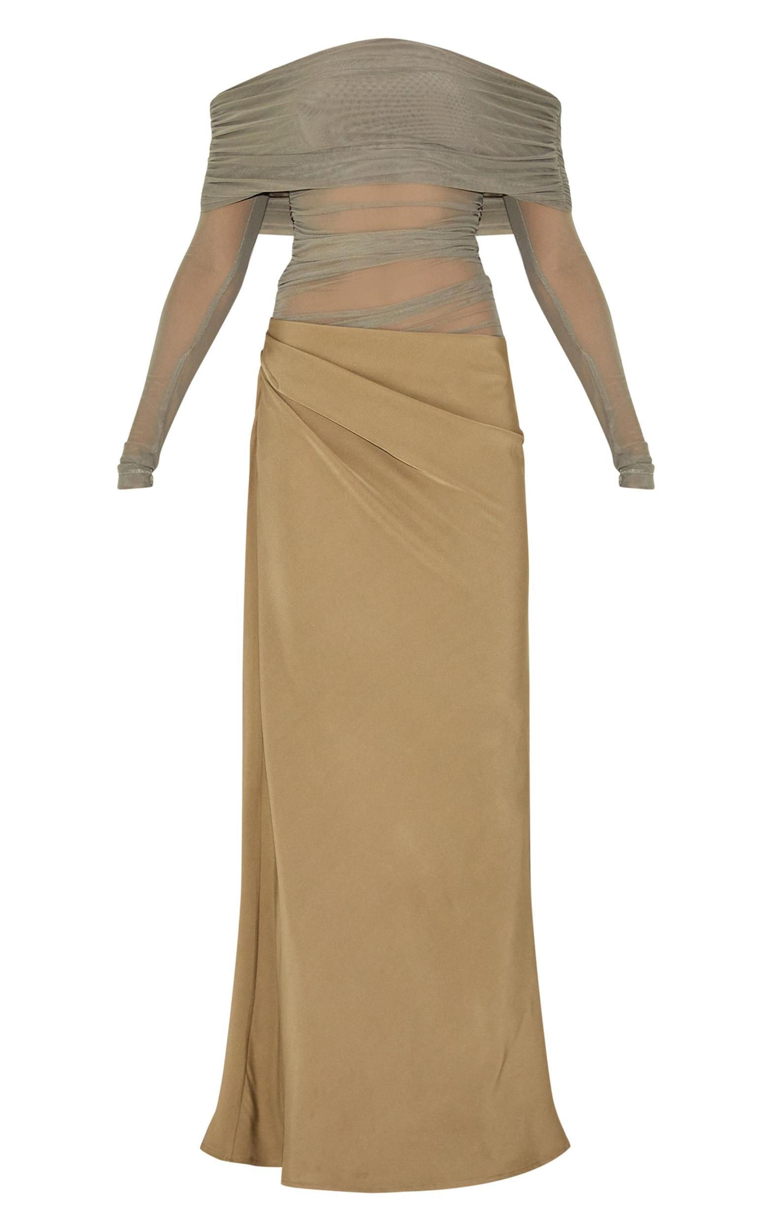  Olive Satin Mesh Detail Bardot Maxi Dress Product Image