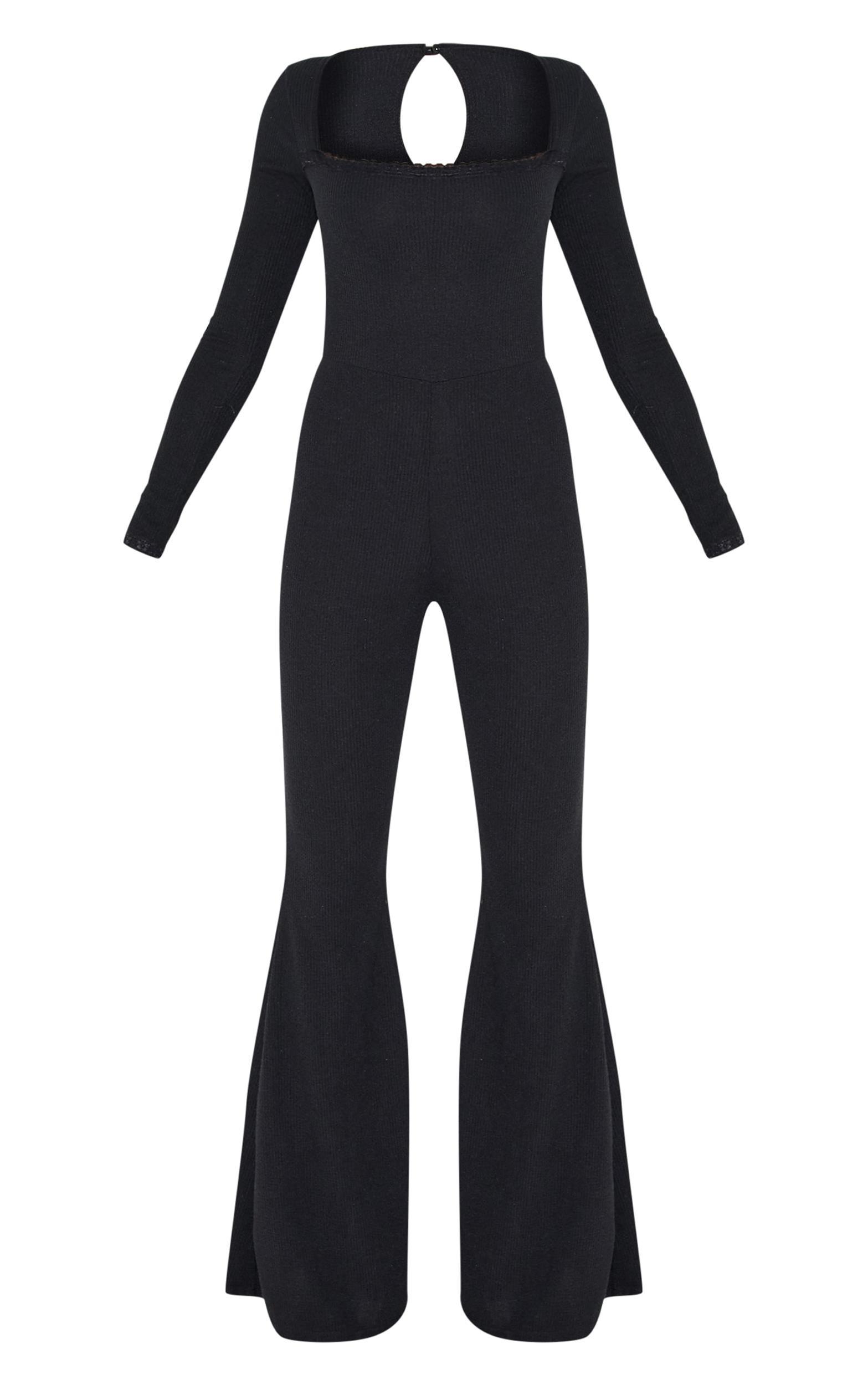 Black Ribbed Lace Trim Long Sleeve Flared Leg Jumpsuit Product Image