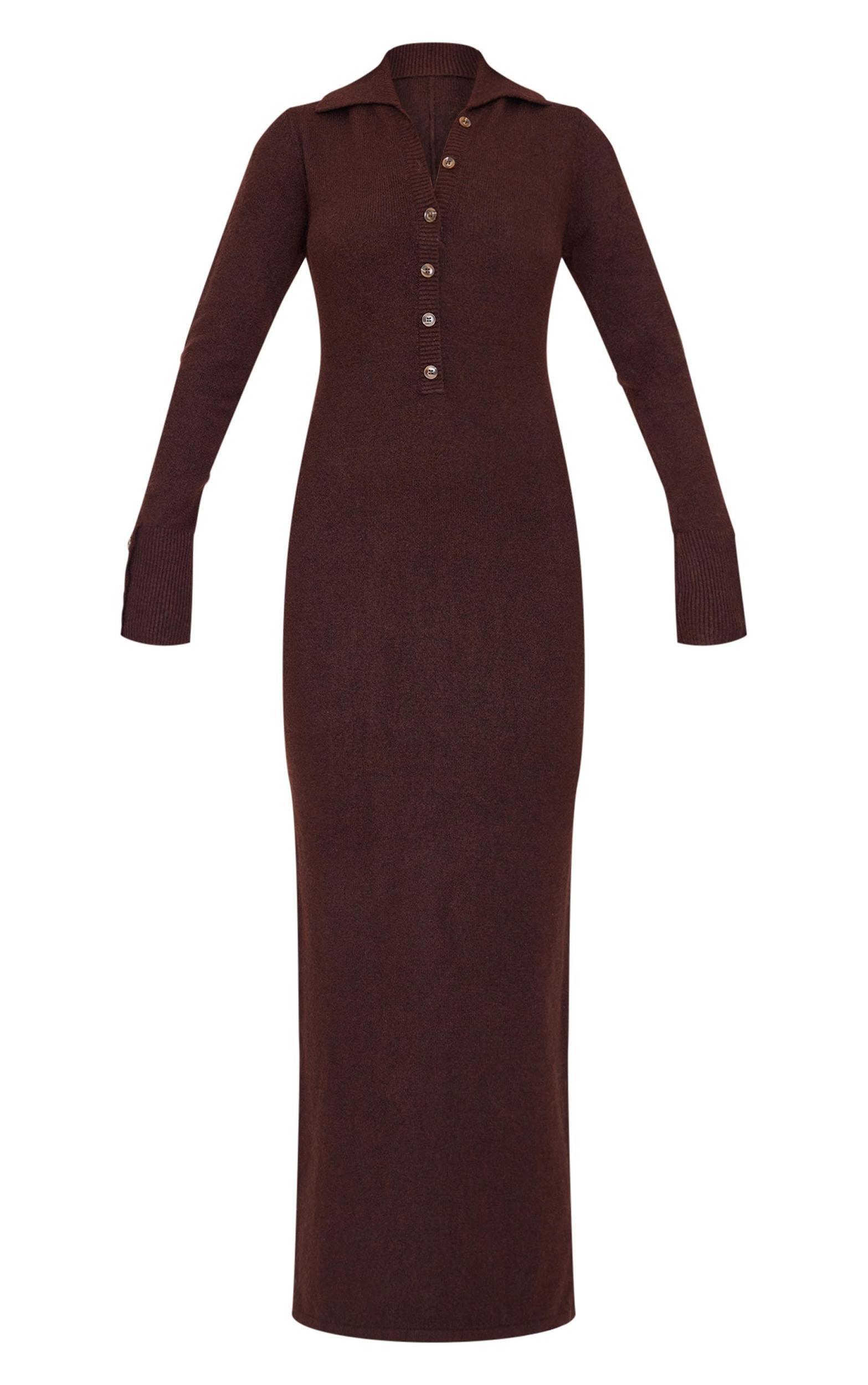 Chocolate Soft Bobble Knit Button Up Collar Detail Maxi Dress Product Image