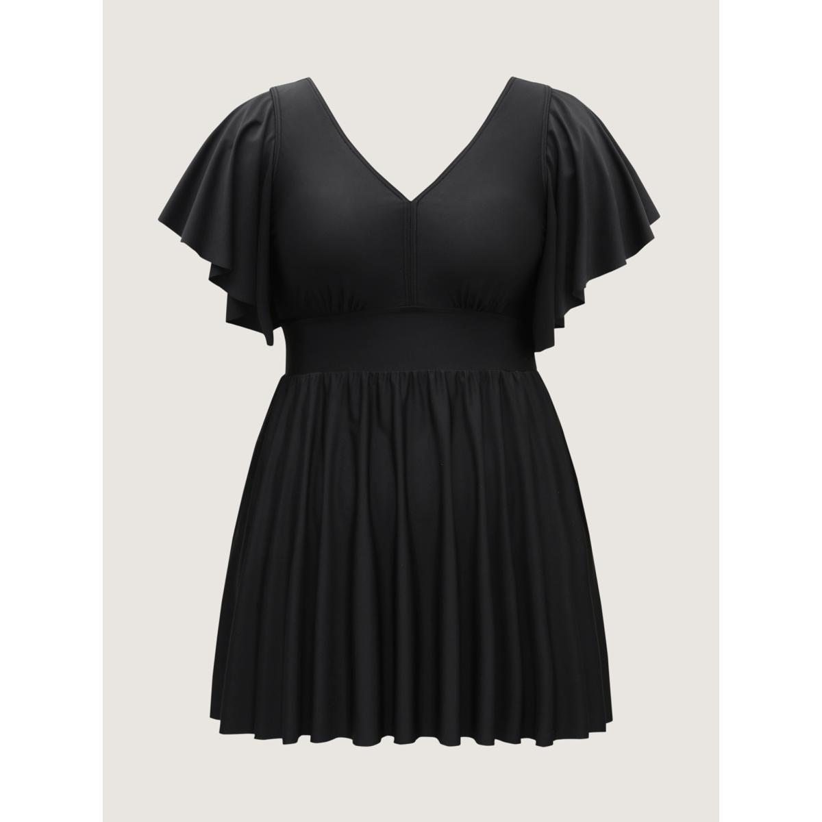 Plus Size Ruffled Sleeve Fit and Flare Swim Dress Women's Swimwear Black Beach Bodycon V-neck High stretch Curve Swim Dresses BloomChic 14-16/1X Product Image