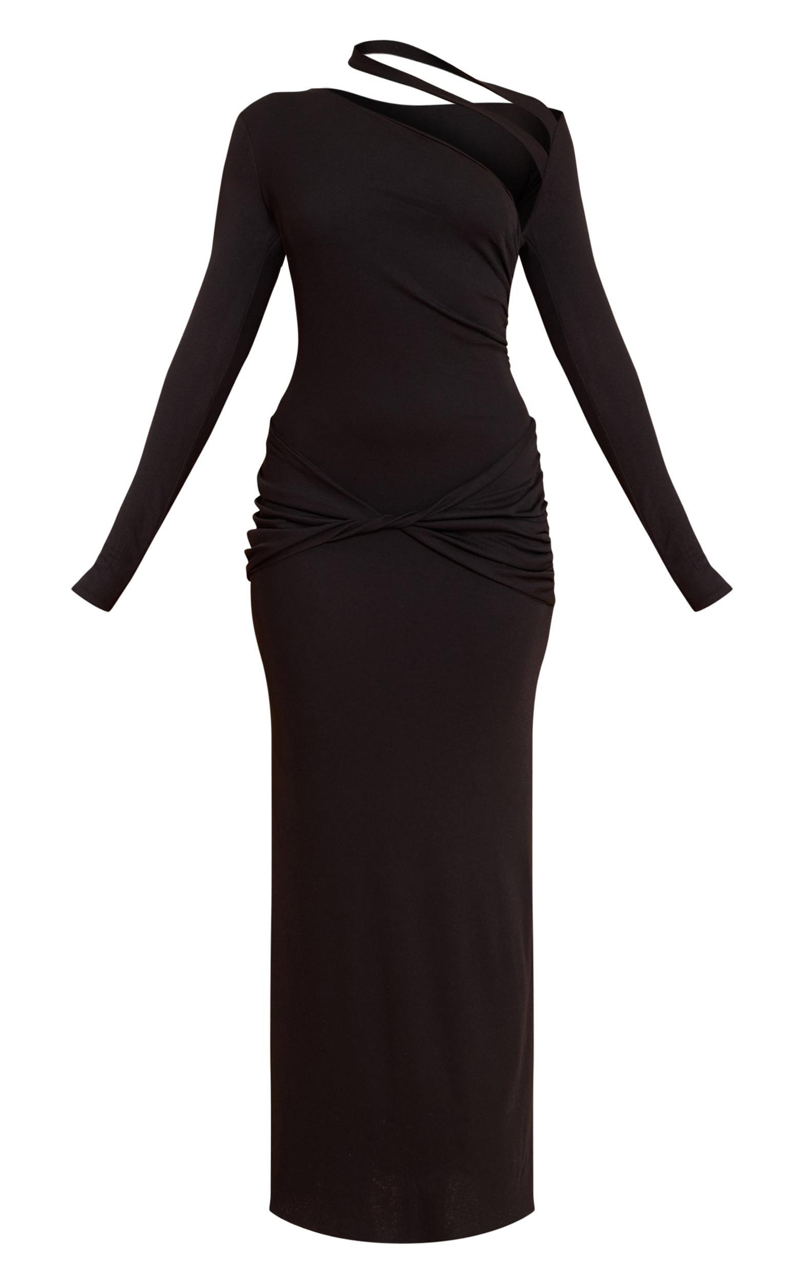 Black Burnout Mesh Ruched Asymmetric Maxi Dress Product Image