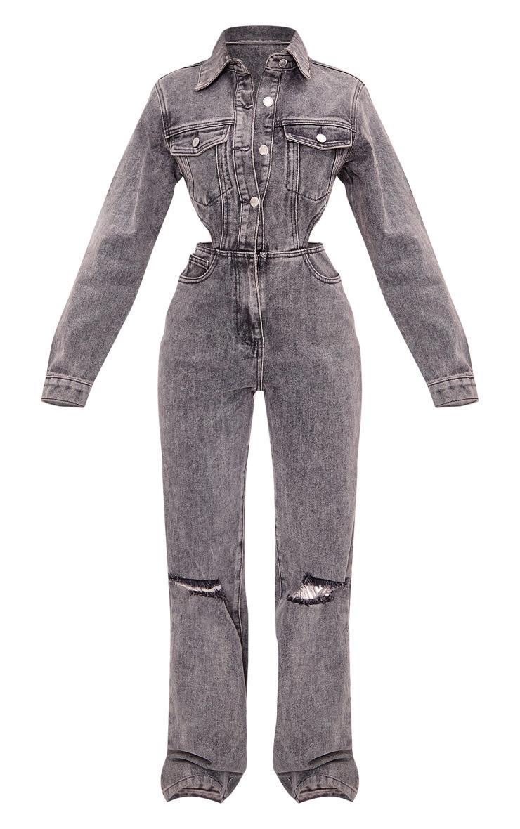 Petite Washed Grey Denim Ripped Knee Jumpsuit Product Image