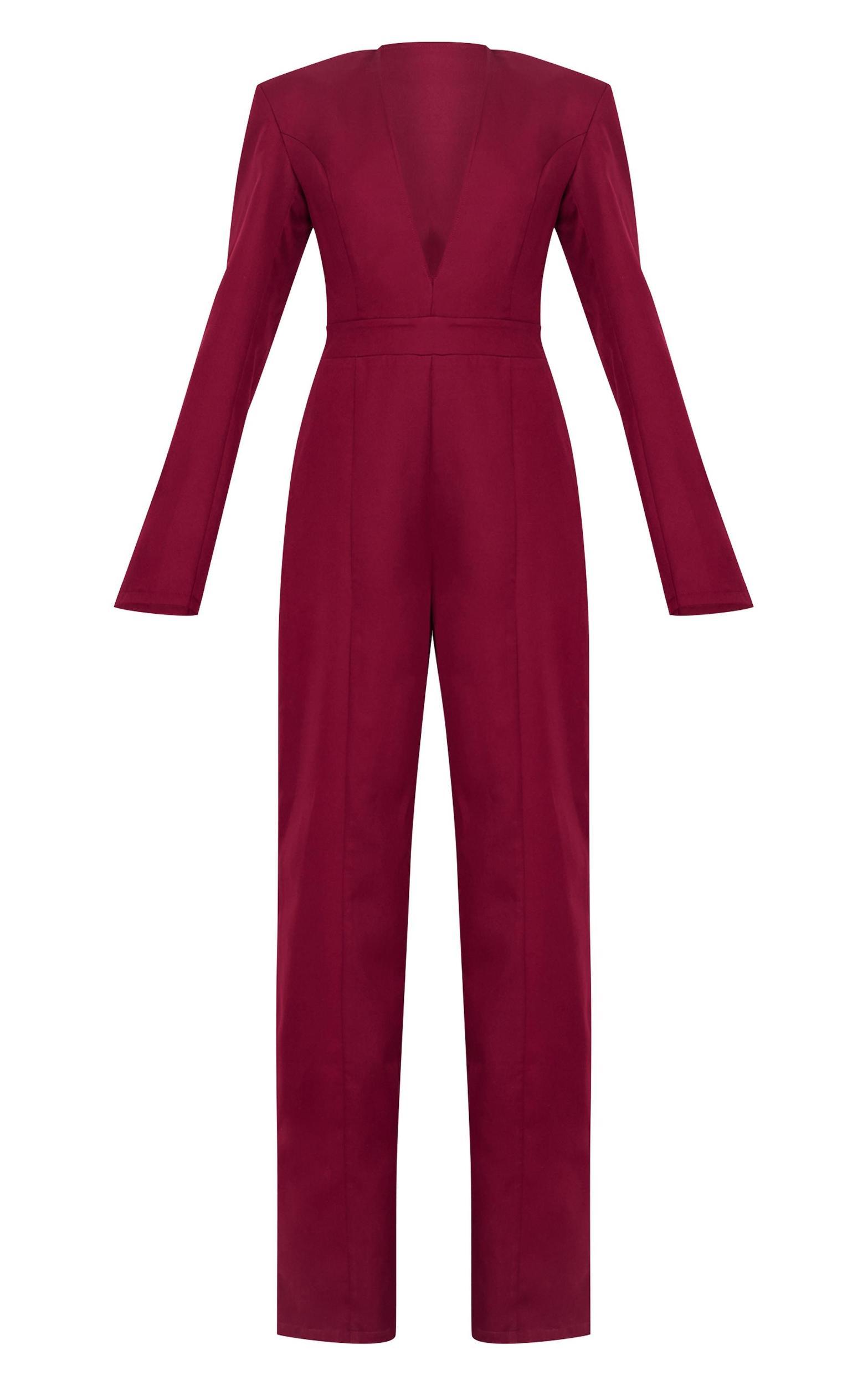Burgundy Woven Plunge Long Sleeve Straight Leg Jumpsuit Product Image