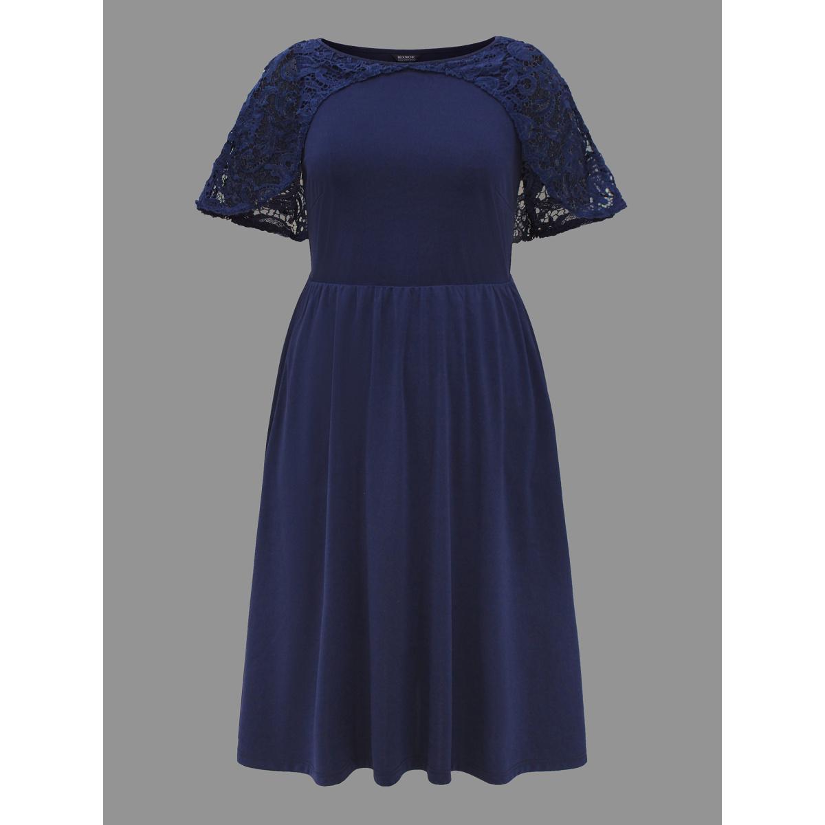 Plus Size Tiered Lace Panel Elastic Waist Dress Navy Women Cocktail Woven ribbon&lace trim Party Curvy Bloomchic 14-16/1X Product Image