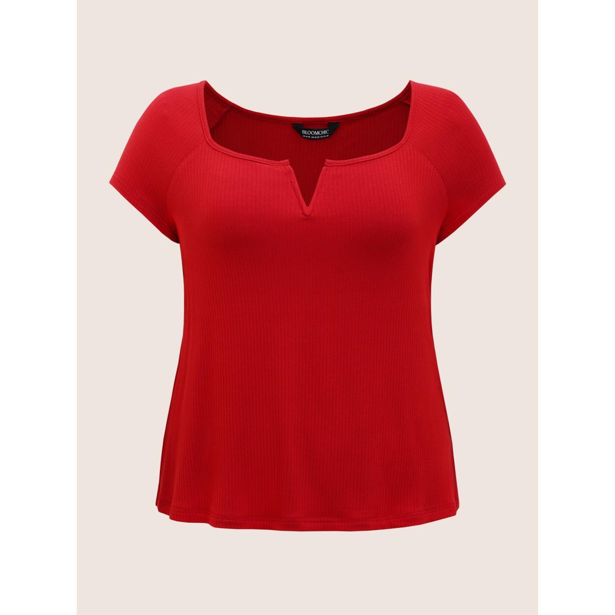Plus Size Solid Notched Collar Pit Strip T-shirt Brightred Women Elegant Non Notched collar Bodycon Everyday T-shirts BloomChic 22-24/3X Product Image
