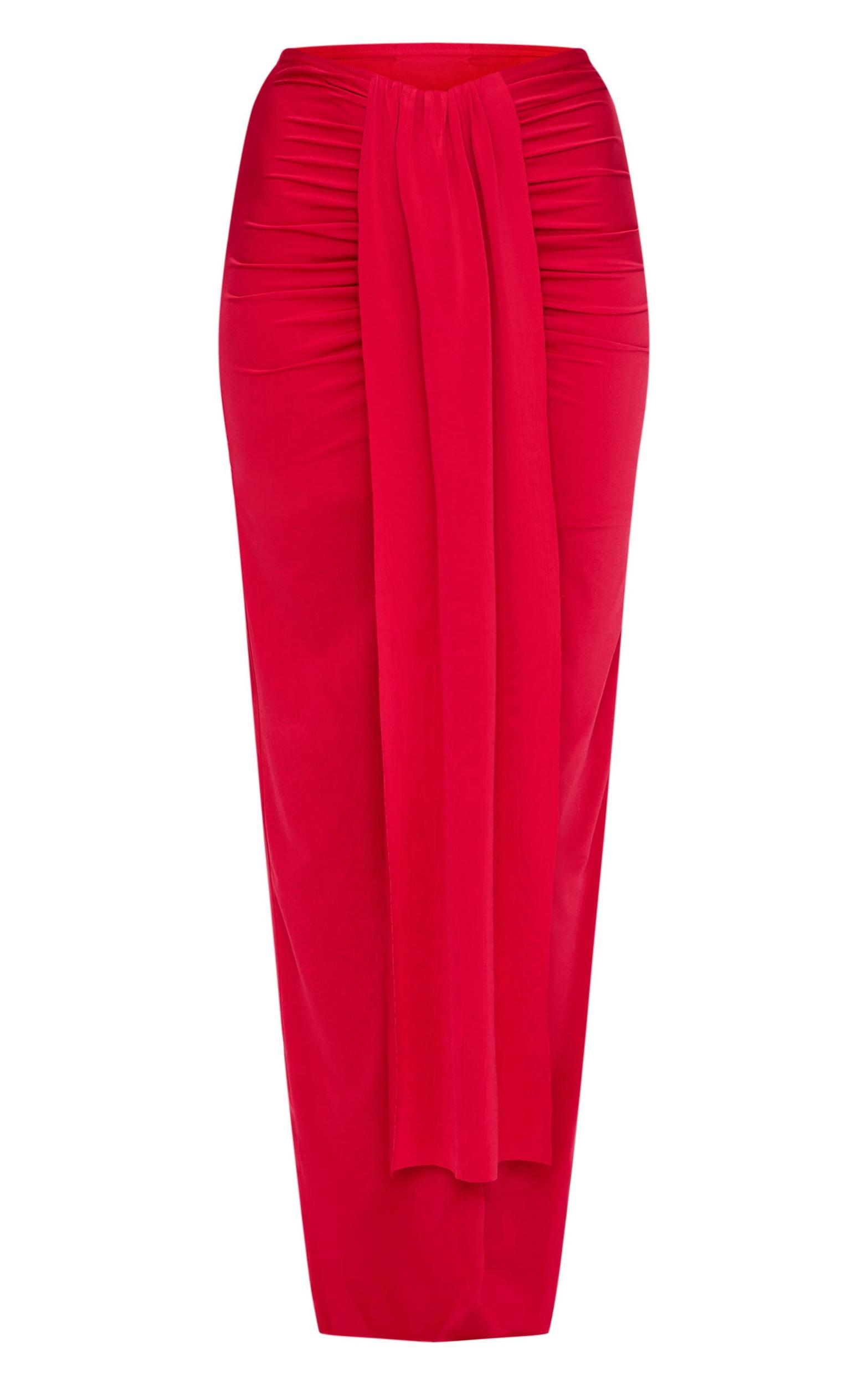 Red Slinky Drape Front Ruched Maxi Skirt Product Image