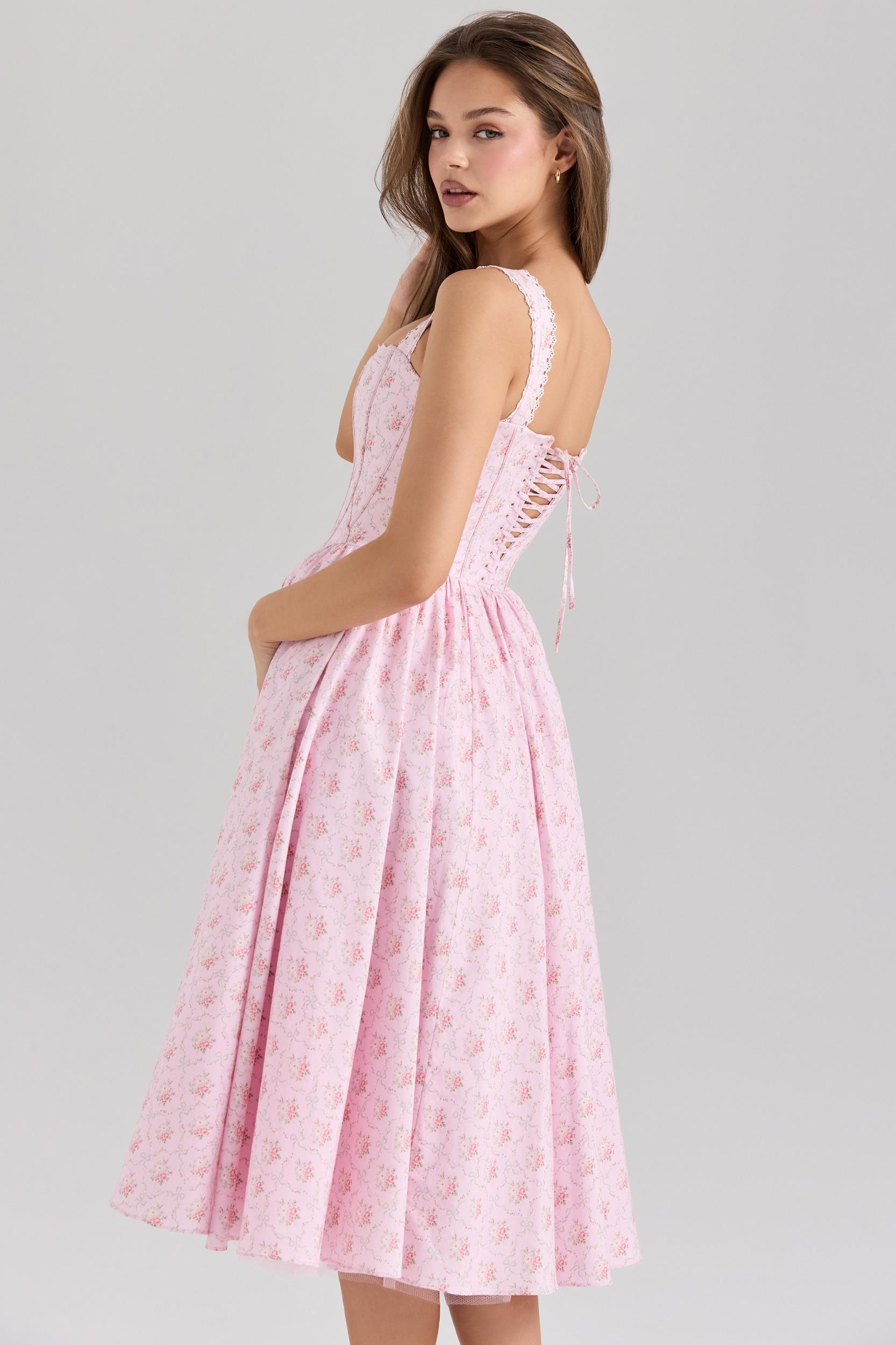 Amara  pink rose print stretch cotton corset midi dress Product Image