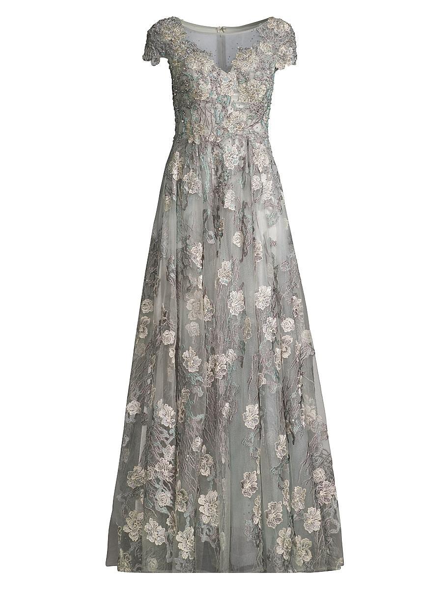Womens Cap-Sleeve Floral A-Line Gown Product Image