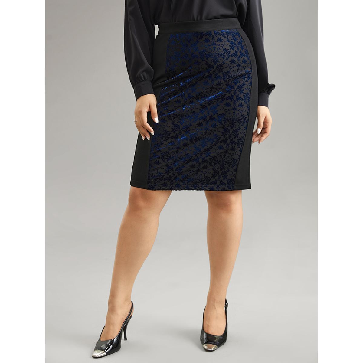 Plus Size Silhouette Floral Print Contrast Flocking Skirt Women Black Elegant Velvet Bodycon Medium stretch Everyday Skirts BloomChic 26/4X Product Image