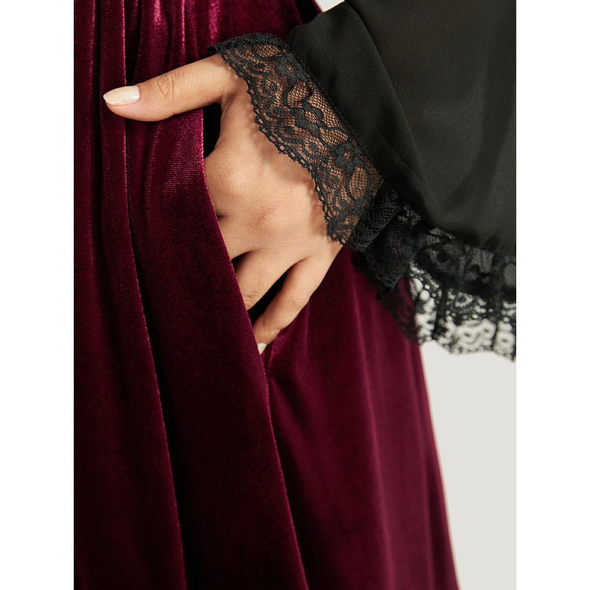 Plus Size Halloween Two Tone Velvet Ruched Lace Panel Bell Sleeve Dress Burgundy Women Elegant Gathered Square Neck Long Sleeve Curvy Midi Dress BloomChic 10/M Product Image