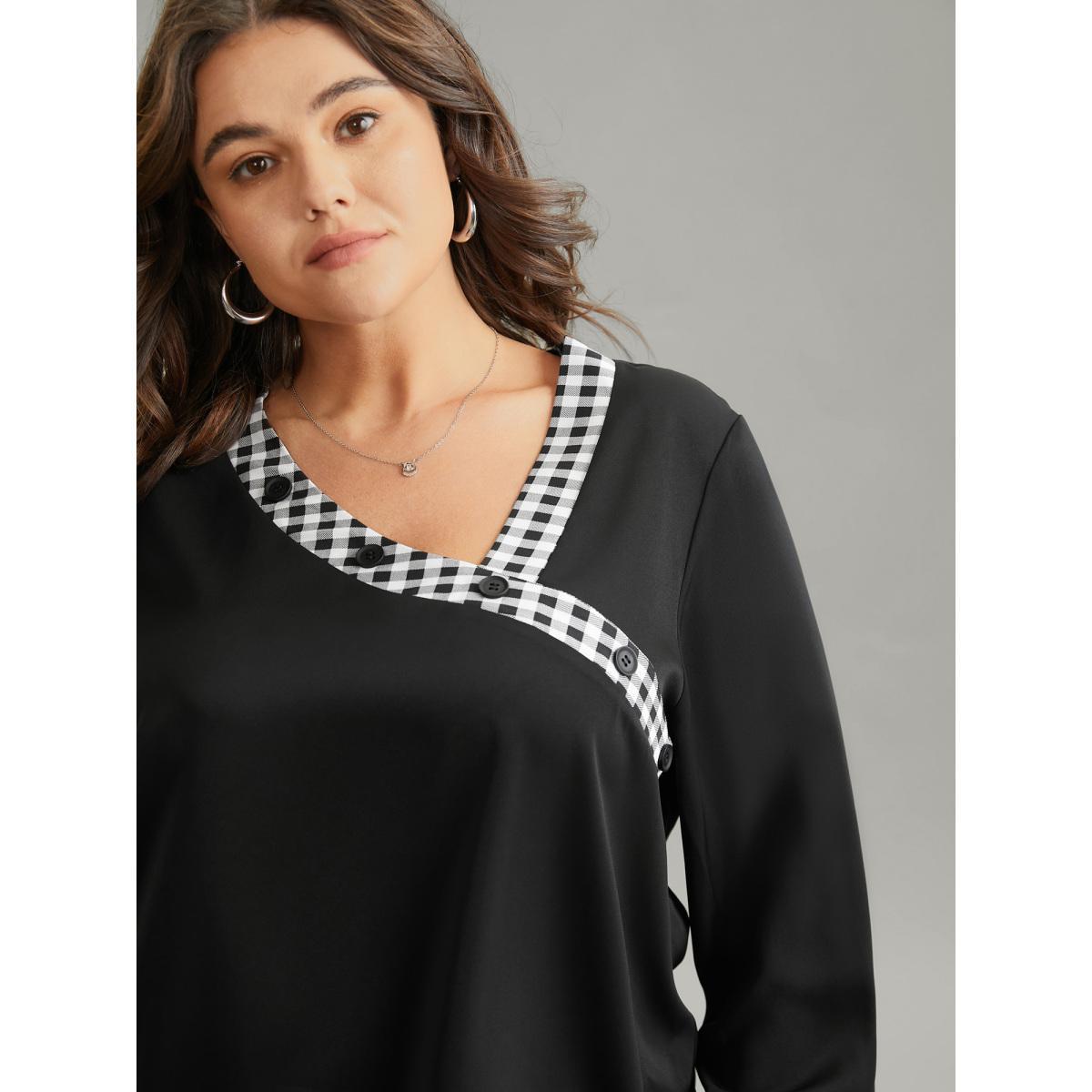 Plus Size Black Checkered Patchwork Asymmetrical Neck Button Detail Blouse Women Office Long Sleeve Asymmetrical Neck Work Blouses BloomChic 26/4X Product Image