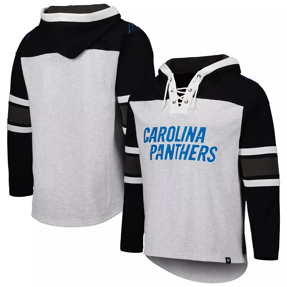 Men's '47 Carolina Panthers Heather Gray Gridiron Lace-Up Pullover Hoodie, Size: Medium, Grey Product Image