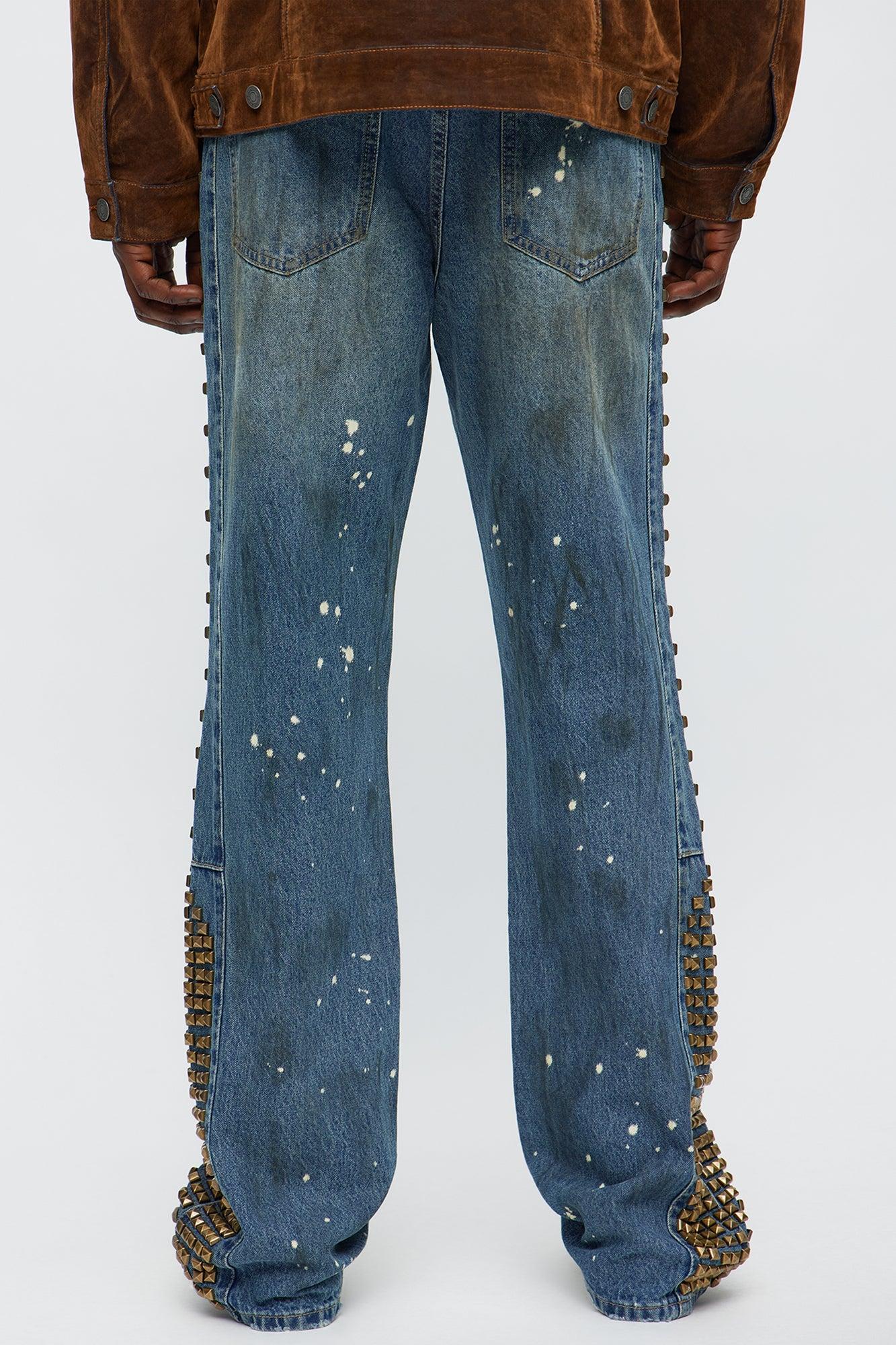 Slim Flare Put Me On Distressed Studded Jeans - Medium Blue Wash Product Image