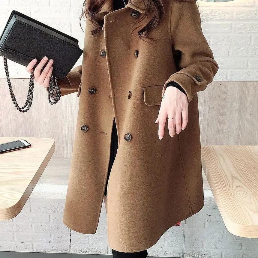 Collared Plain Double Breasted Coat Product Image