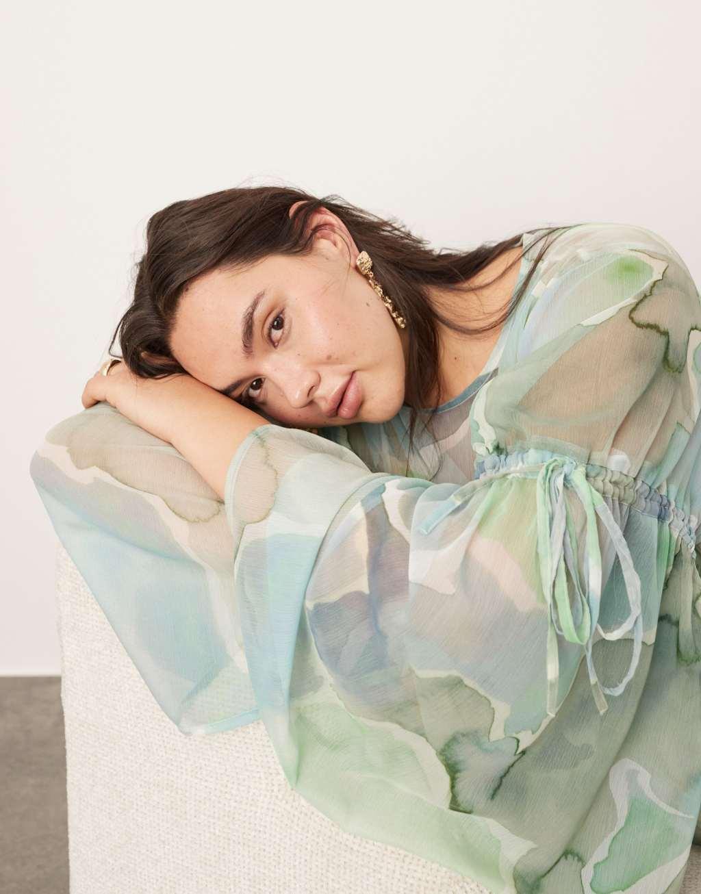 ASOS EDITION Curve long sleeve chiffon maxi dress with gathered detail in blue watercolour Product Image
