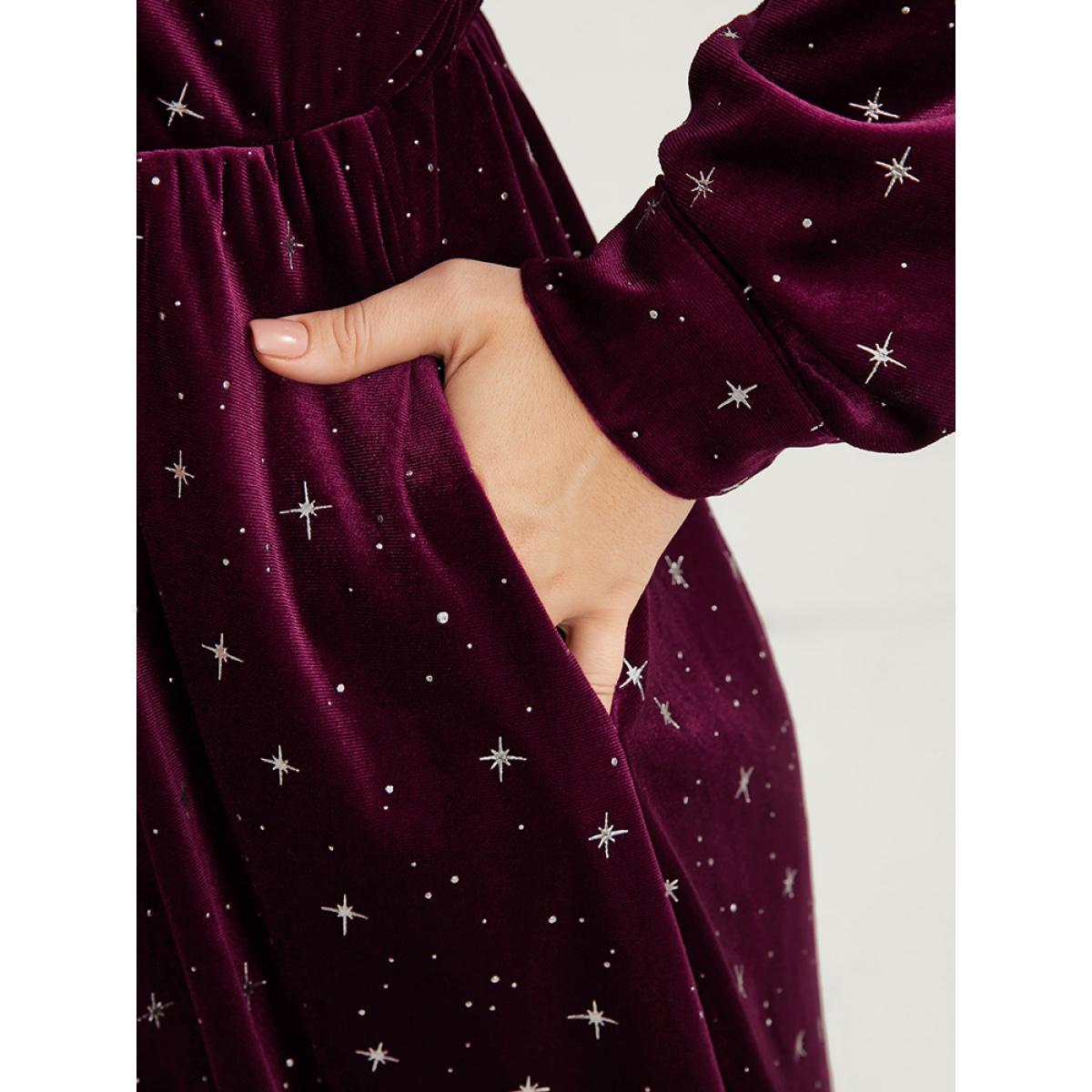 Plus Size Star Print Pocket Velvet Surplice Neck Midi Dress Scarlet Women Party V-neck Long Sleeve Curvy Midi Dress BloomChic 10/M Product Image