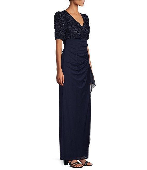 Alex Evenings Short Sleeve V-Neck Soutache Bodice Cascade Ruddle Dress Product Image