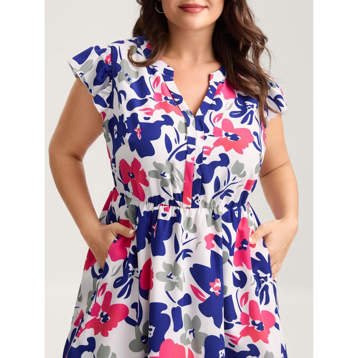 Plus Size Color Block Floral Print Notched Midi Dress Navy Women Flat collar with V-notch Cap Sleeve Curvy BloomChic 10/M Product Image