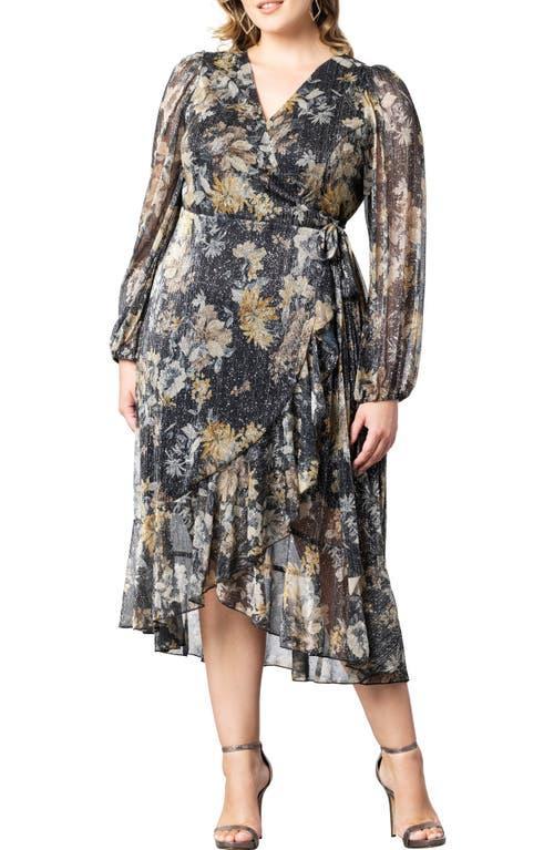 Womens Clara Metallic Floral Wrap Midi-Dress Product Image