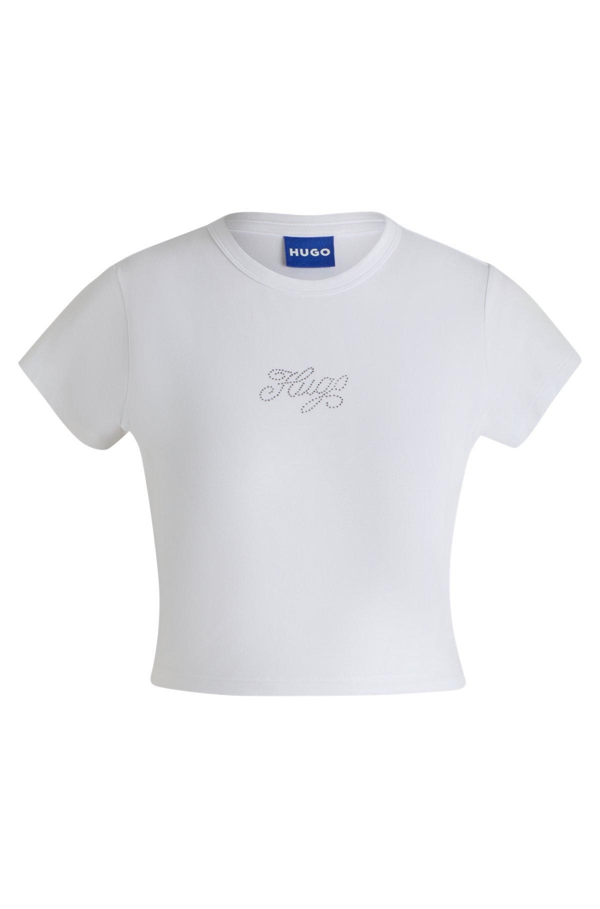 Stretch-cotton T-shirt with crystal-studded logo Product Image
