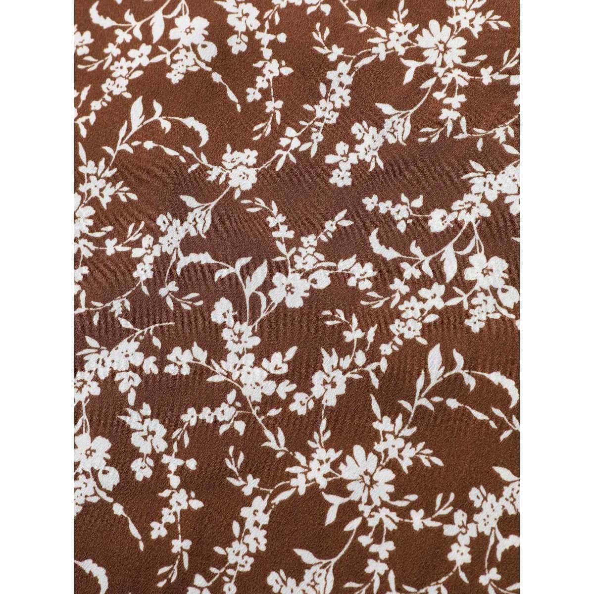 Plus Size Ditsy Floral Shirred Ruffle Hem Dress Browncoffeecolor Women Elegant Shirred V-neck Short sleeve Curvy BloomChic 12/L Product Image