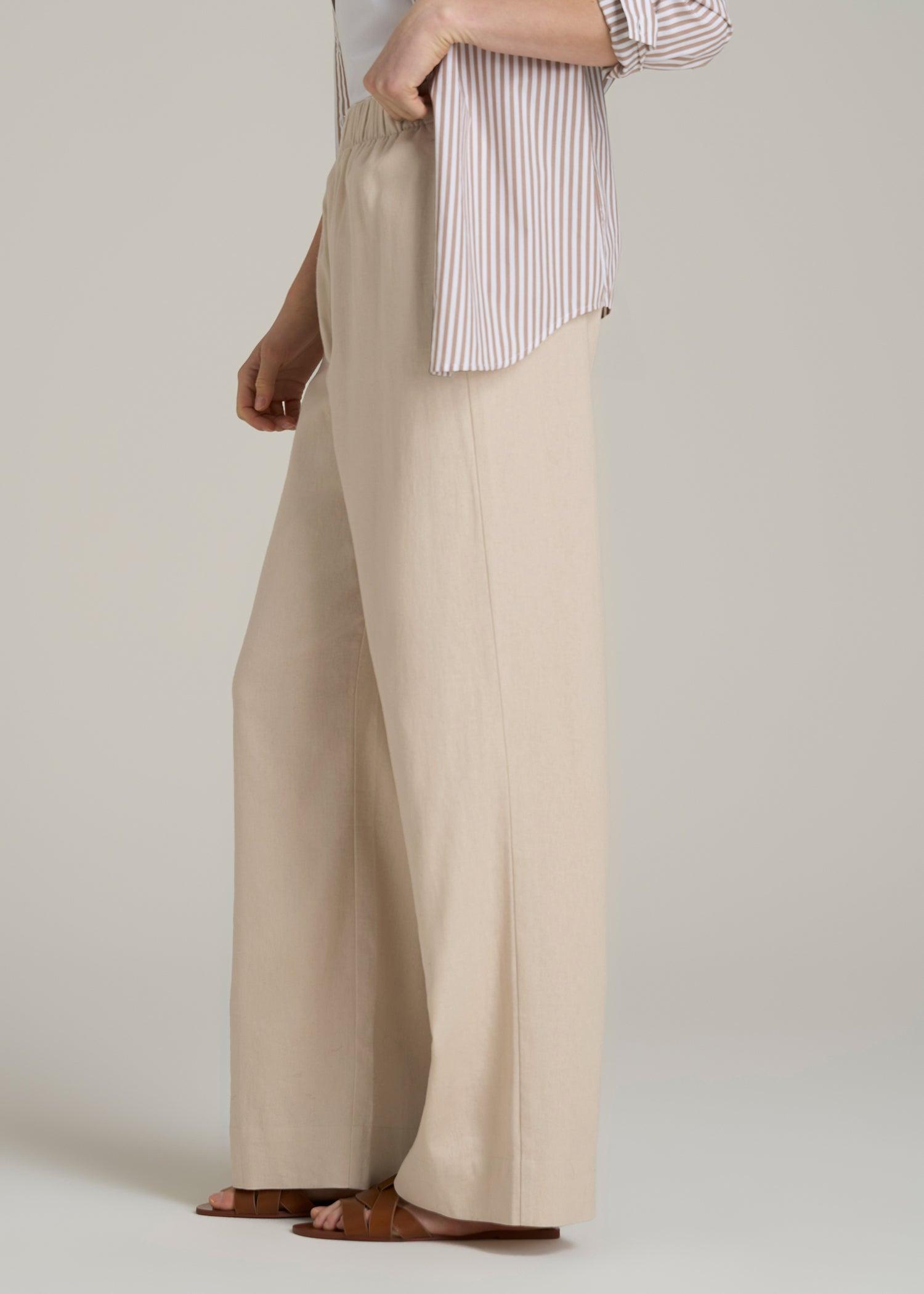 Pull On Wide Leg Linen Pants for Tall Women in Light Stone Product Image