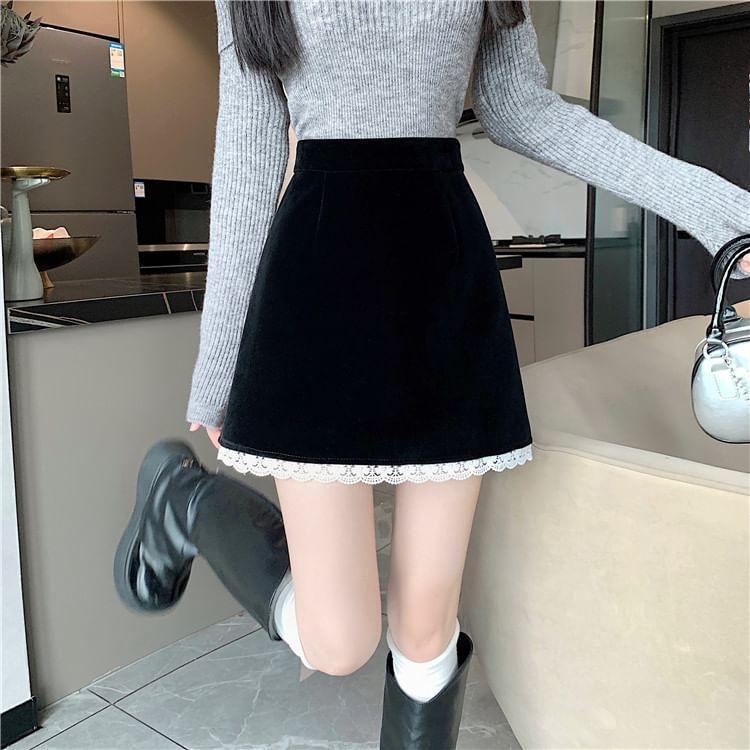 High Rise Contrast Lace Trim Velvet Mini A-Line Skirt Product Image