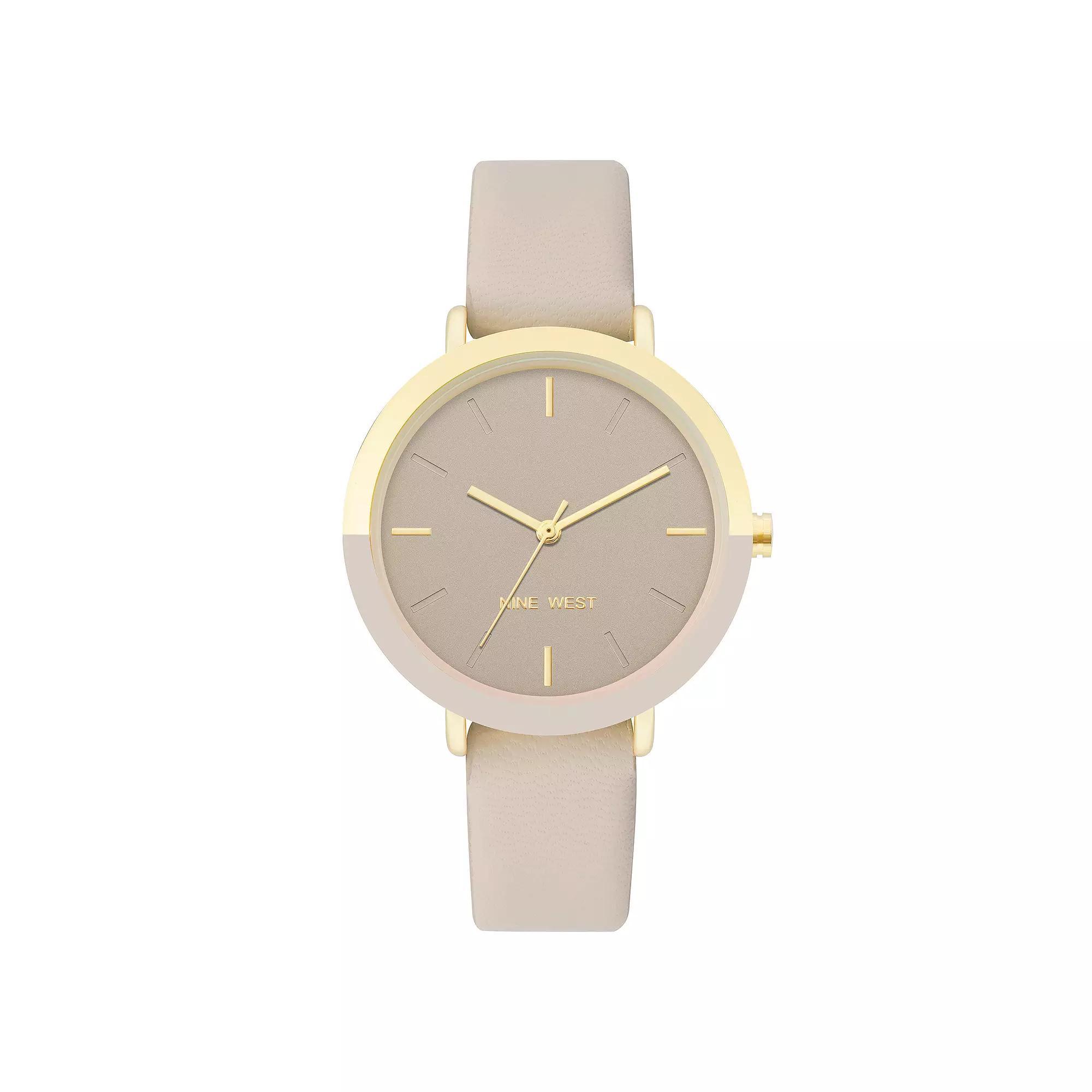 Nine West Womens Tan Faux Leather Strap Watch with Two Tone Case Product Image