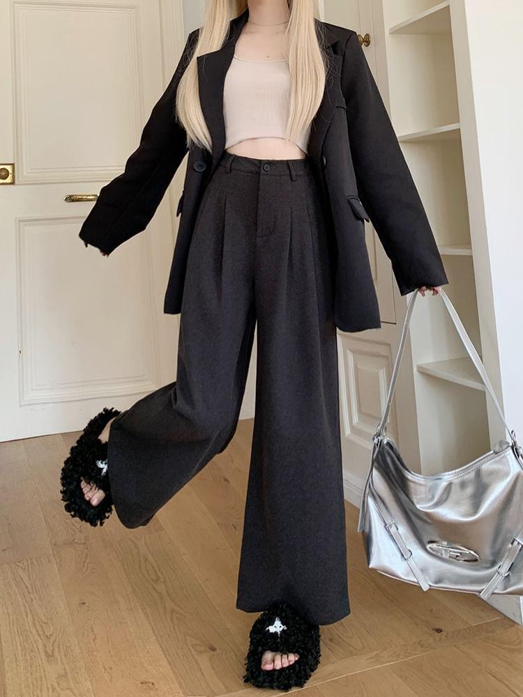 High Waist Plain Wide Leg Slacks Product Image