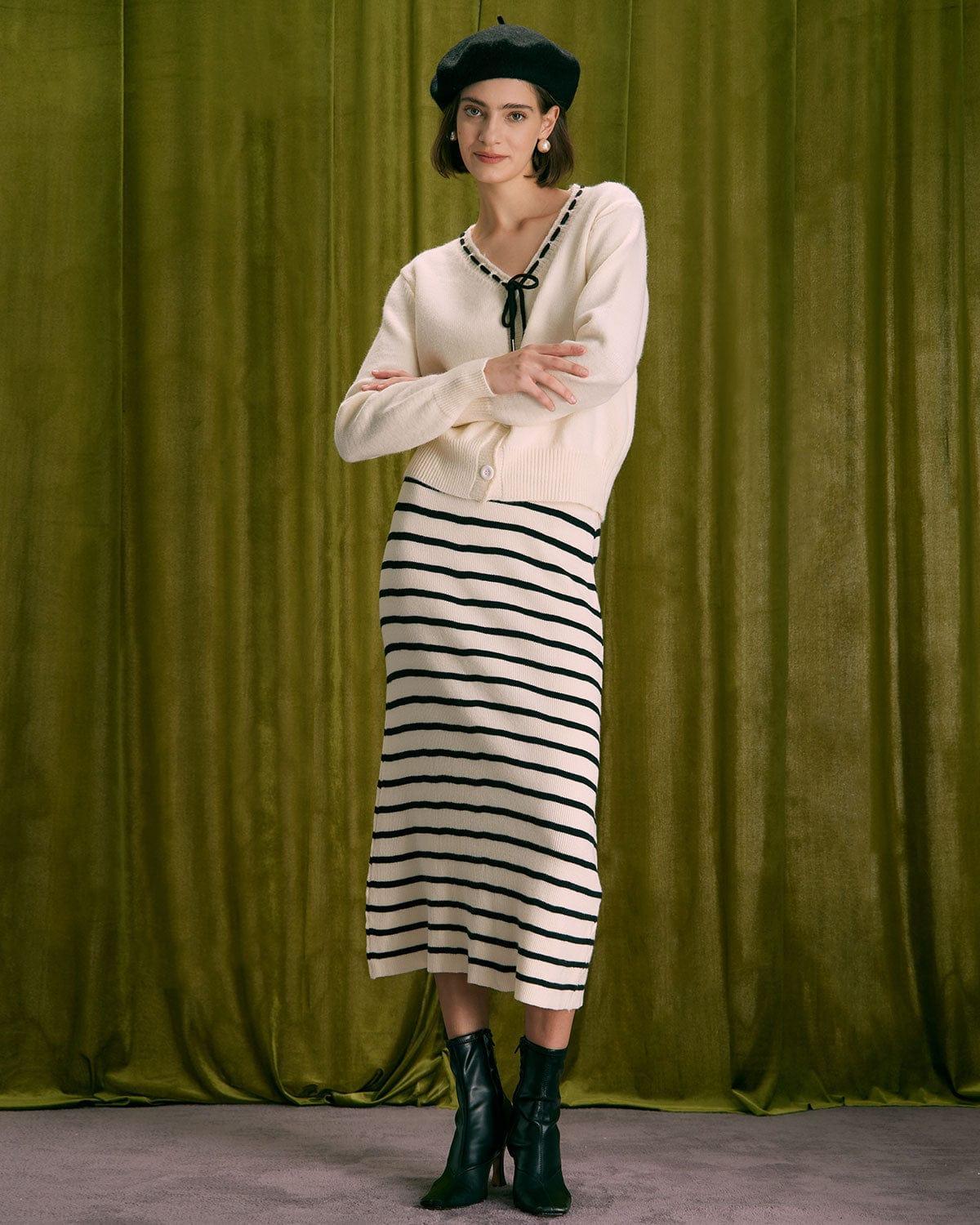The Beige Elastic Waist Striped Knit Midi Skirt Product Image