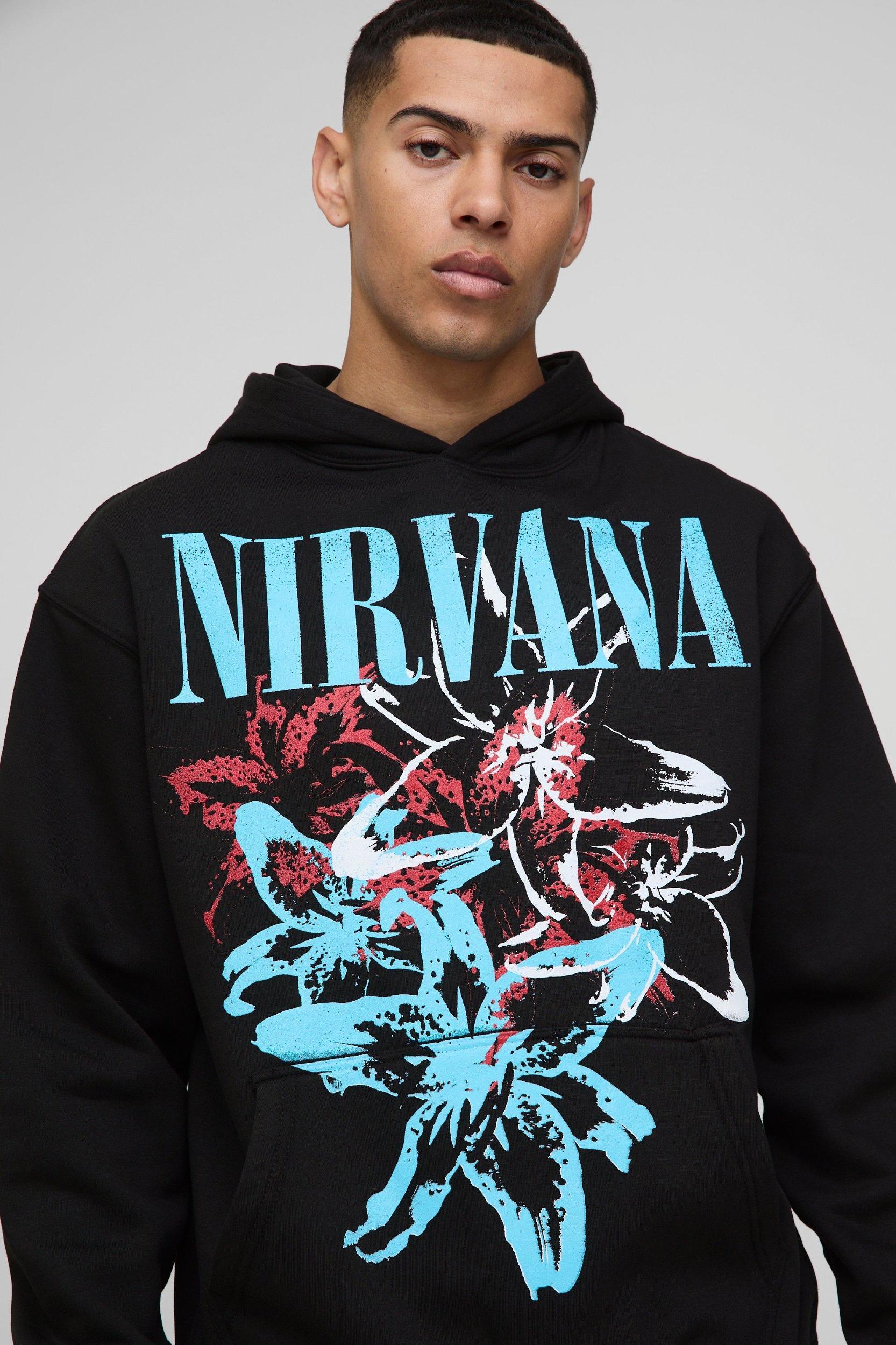 Oversized Nirvana Floral Print License Hoodie | boohooMAN USA Product Image