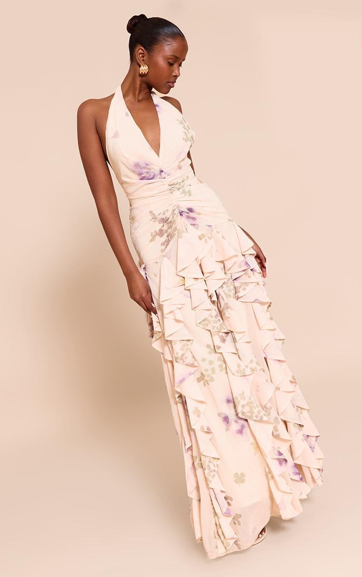Stone Plunge Ruched Frill Detail Maxi Dress Product Image