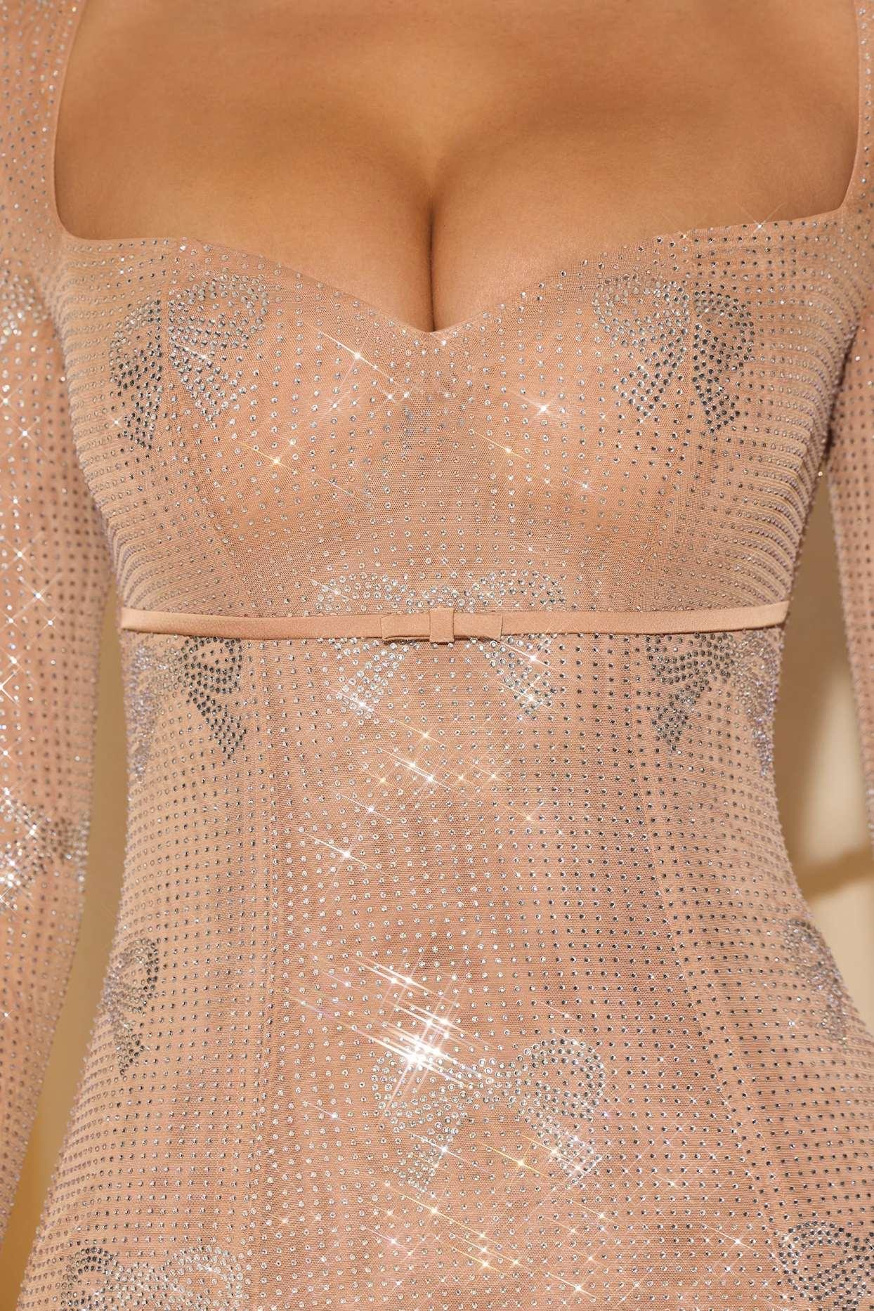Embellished Bow-Detail A-Line Mini Dress in Almond Product Image