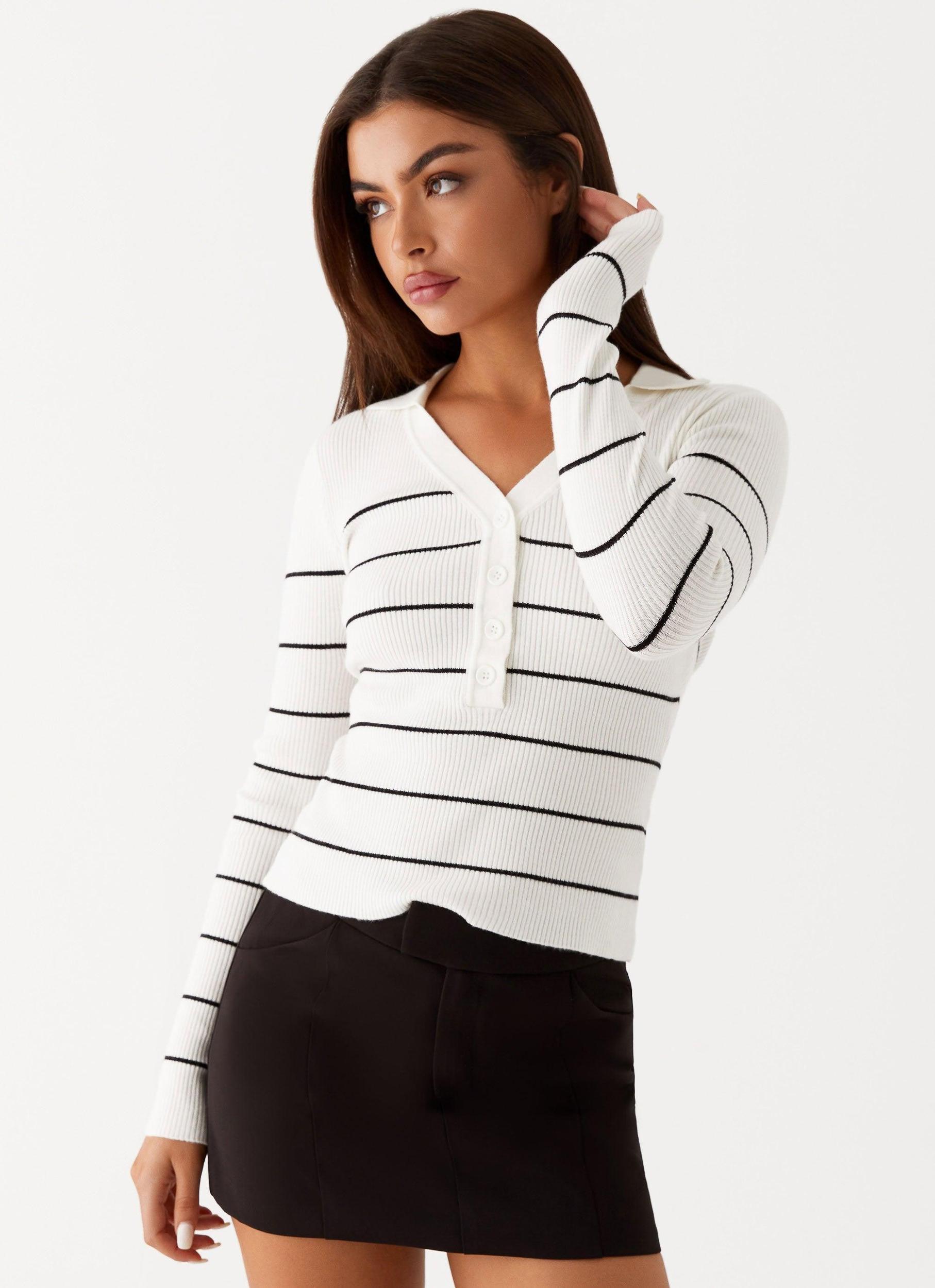 Kelisa Long Sleeve Knit Top - White Stripe Product Image