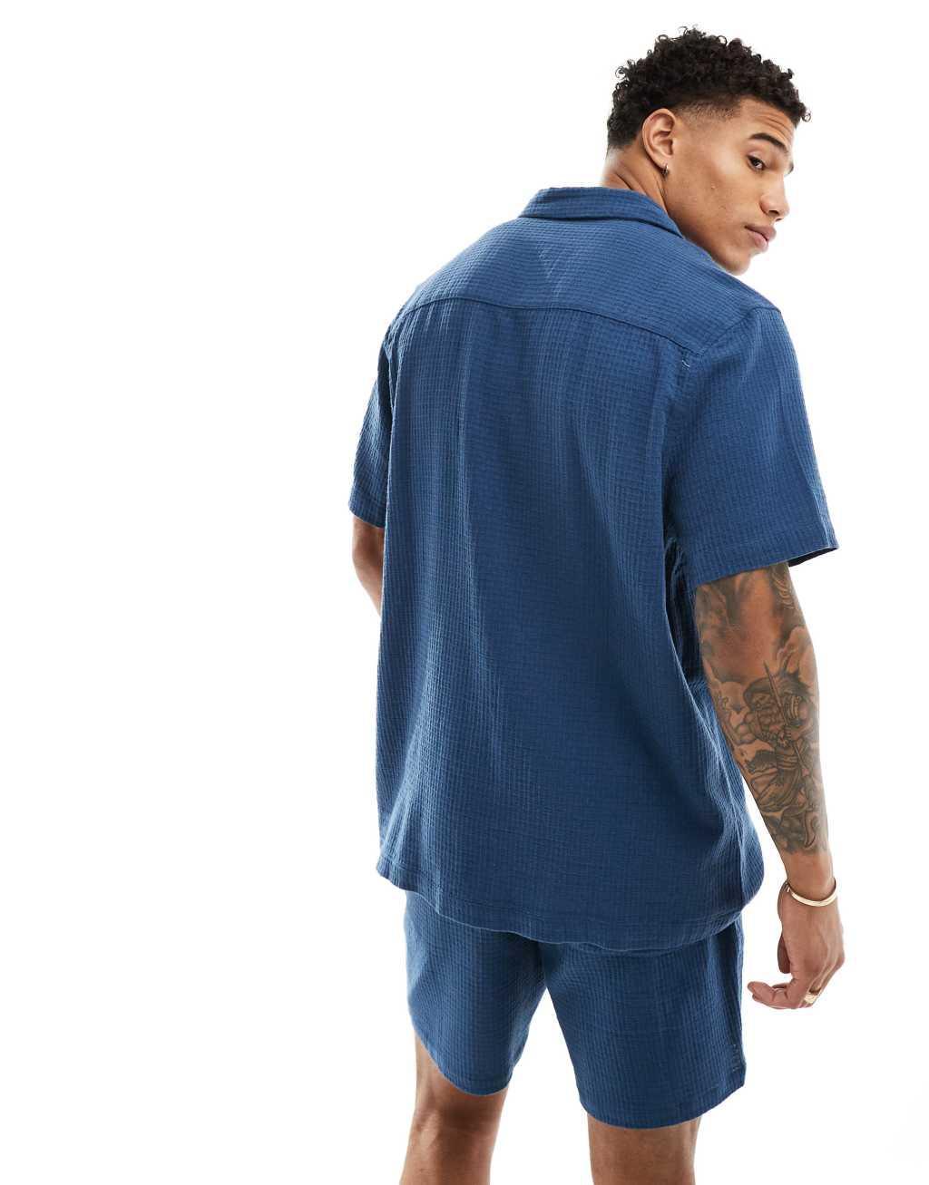 ASOS DESIGN short sleeve relaxed revere collar textured shirt in navy - part of a set Product Image