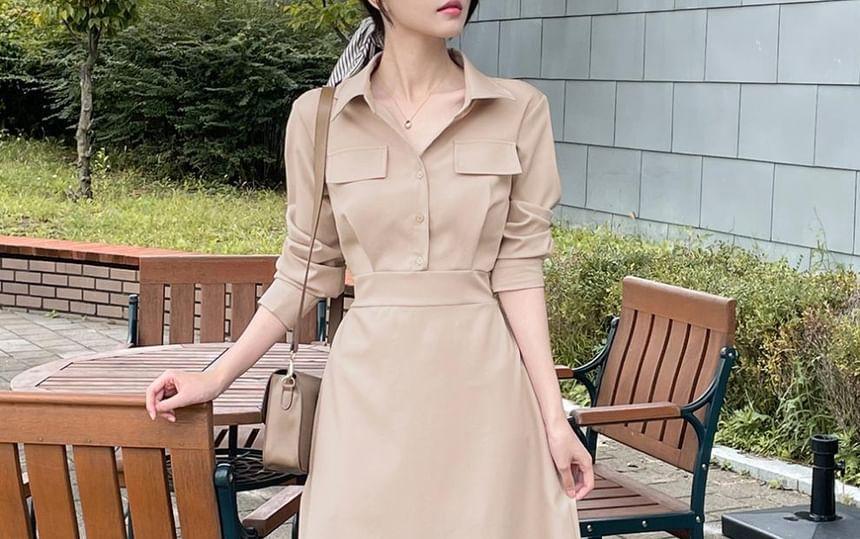 Long-Sleeve Plain Maxi A-Line Shirt Dress Product Image