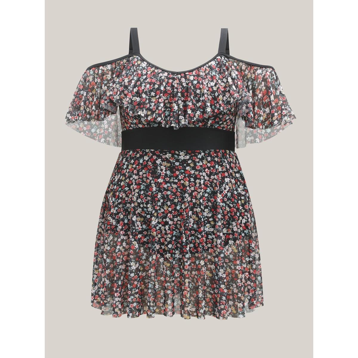 Plus Size Floral Print Mesh Cold-Shoulder Swim Dress Women's Swimwear Black Beach Bodycon One-shoulder neck High stretch Curve Swim Dresses BloomChic 18-20/2X Product Image
