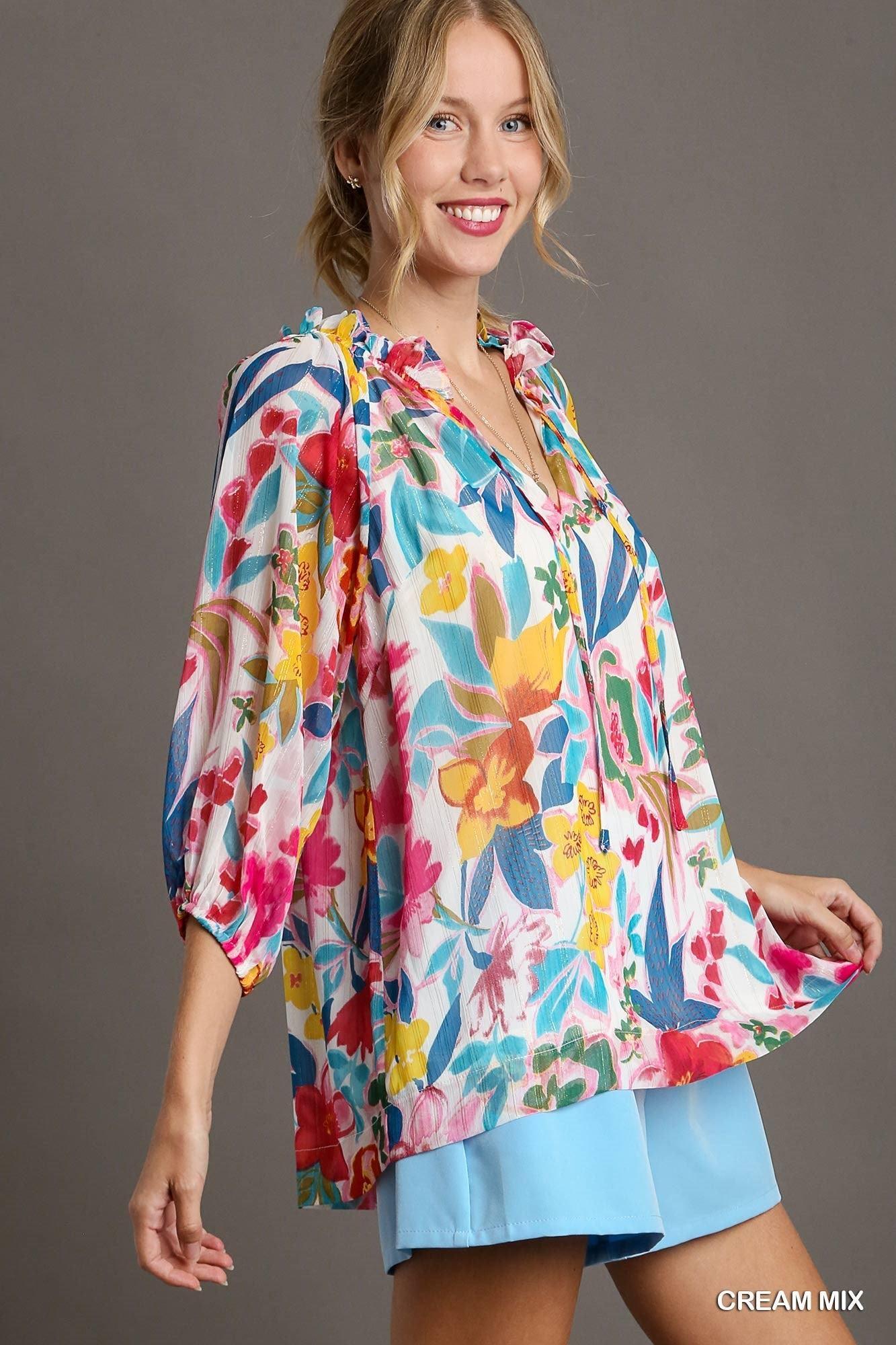 Lurex Metallic Floral Print Split Ruffle Neck Top Product Image